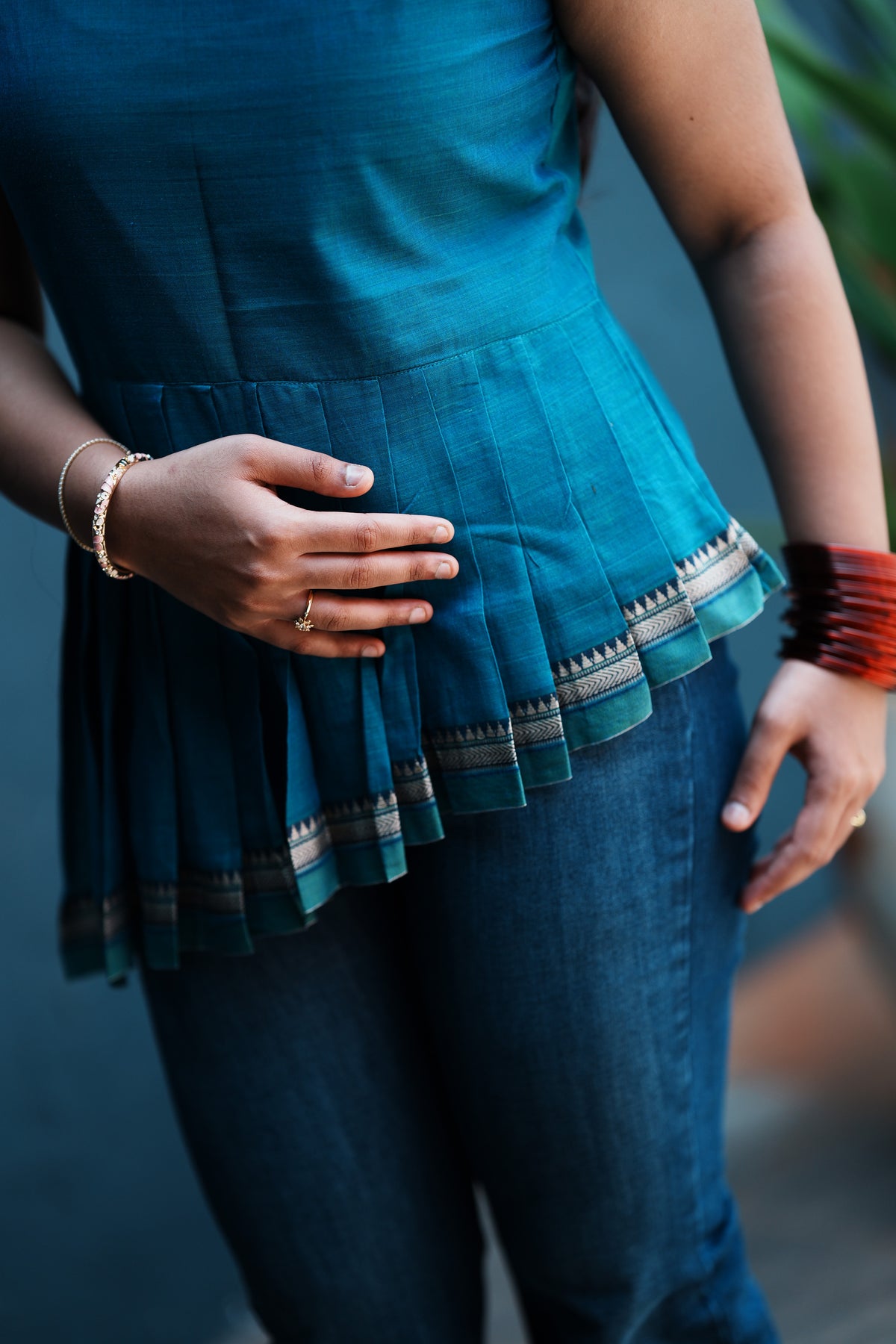 Mrinalini – Teal Pleated Peplum Short Kurti | Afterglow