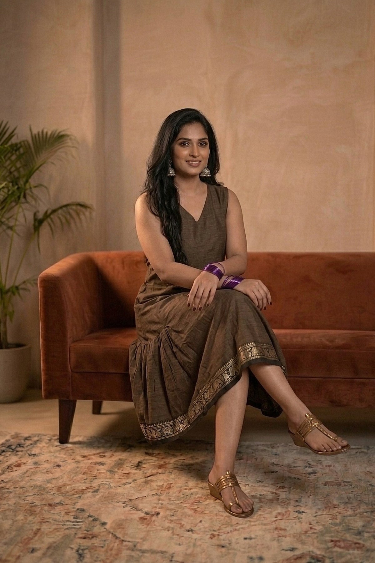 Nadiya – Brown Sleeveless Drop-Waist Kurti with Elephant Border | Utsav