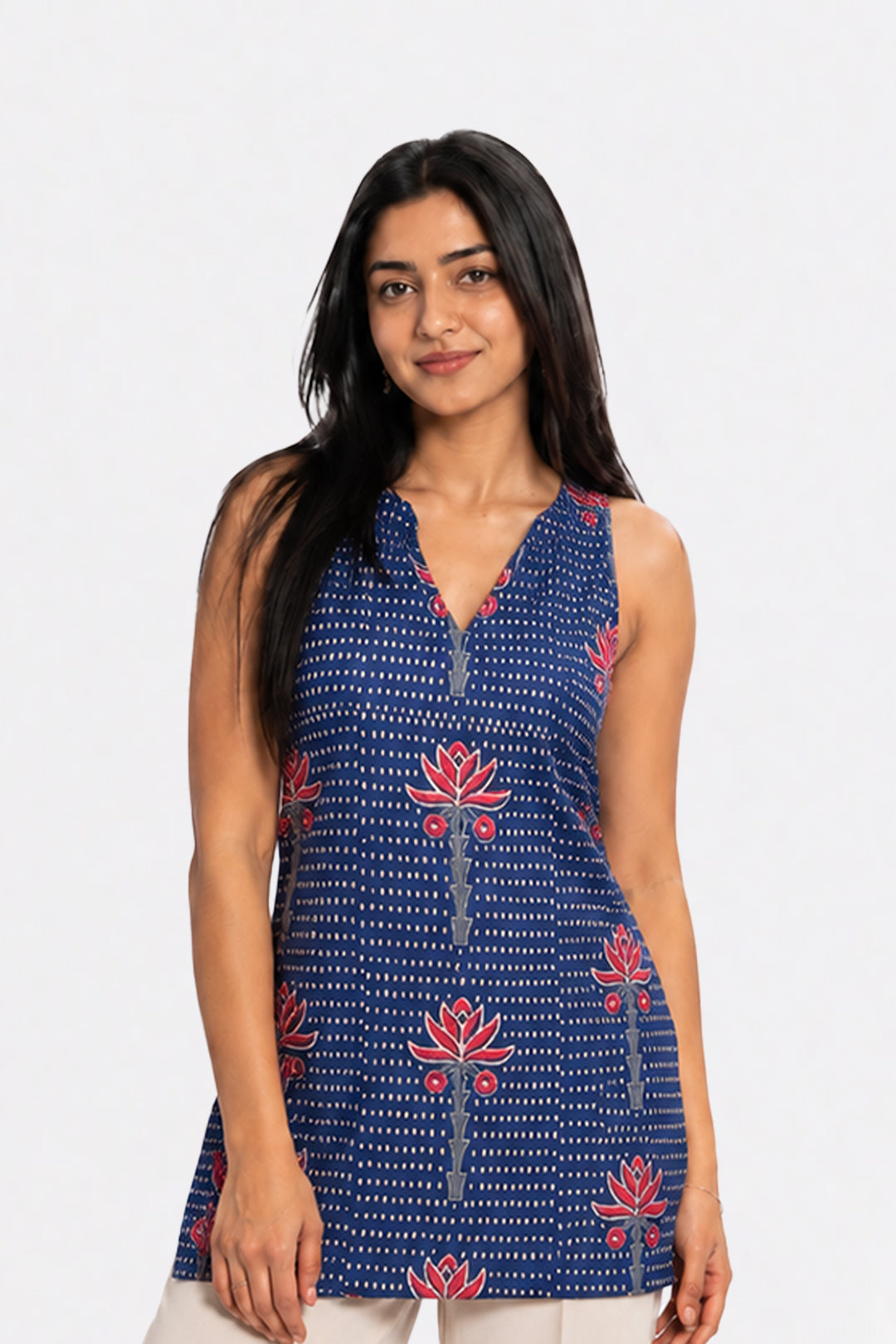 Navya – Sculpted to Slay padded backless kurti, dark blue block print – front view – Varangi Style Studio