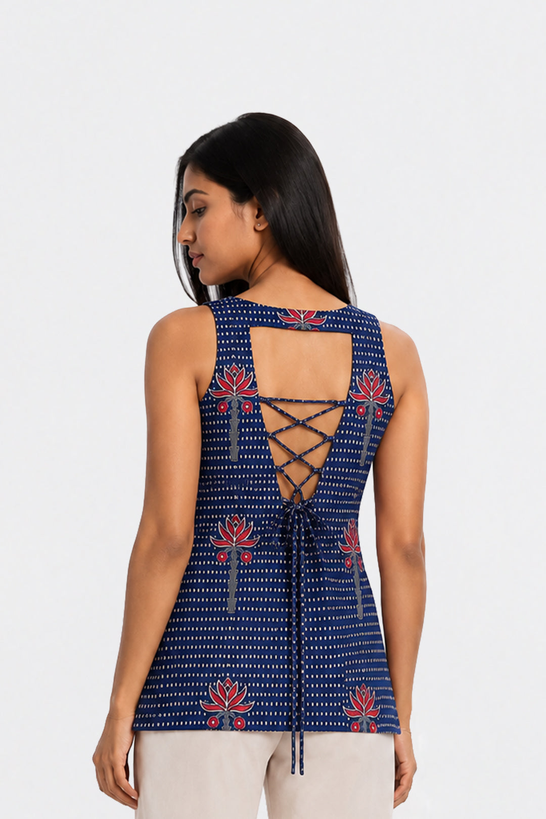 Navya – Sculpted to Slay padded backless kurti, dark blue block print – back view showing open back – Varangi Style Studio