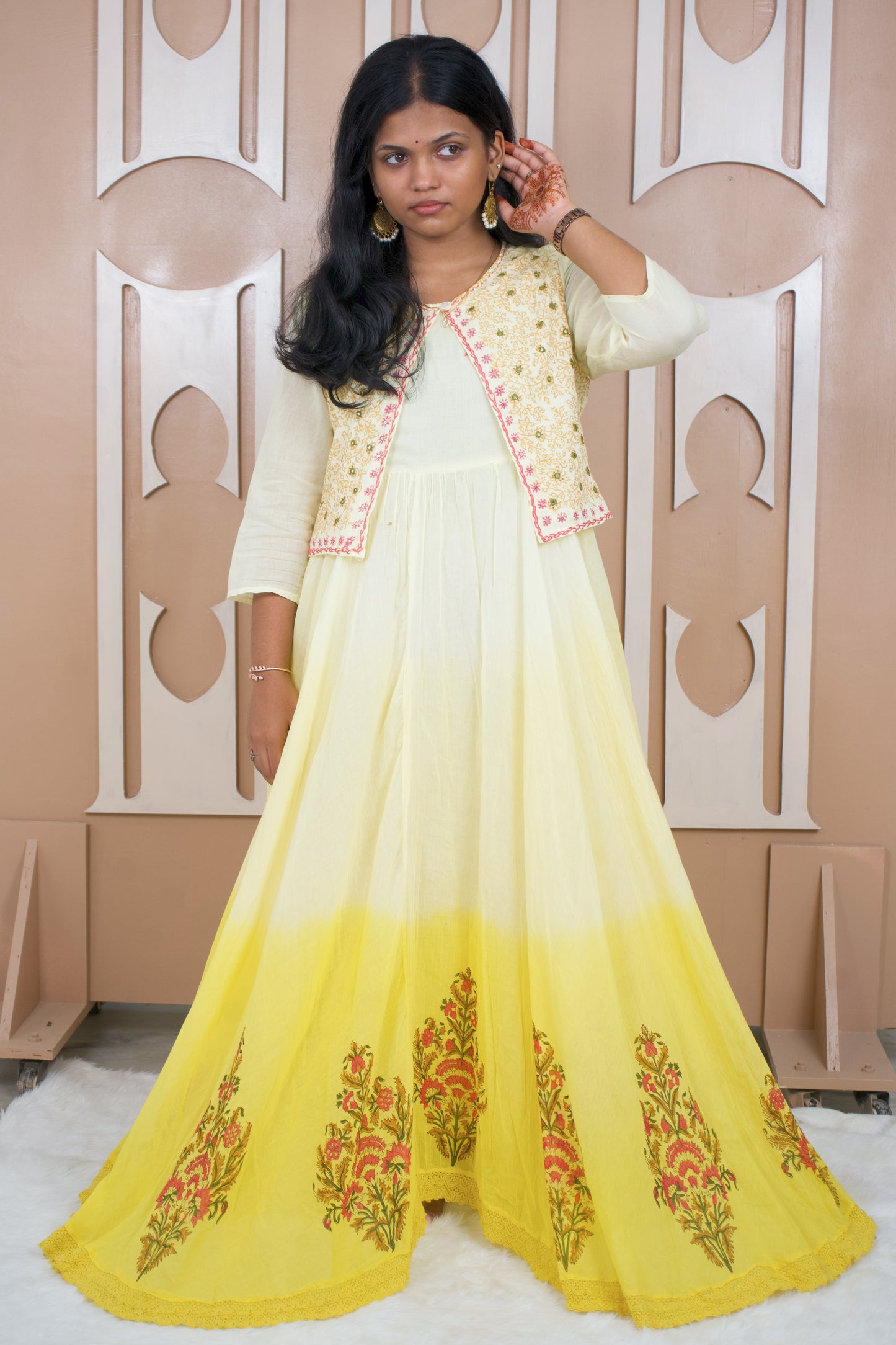 onam special long frock cream colour