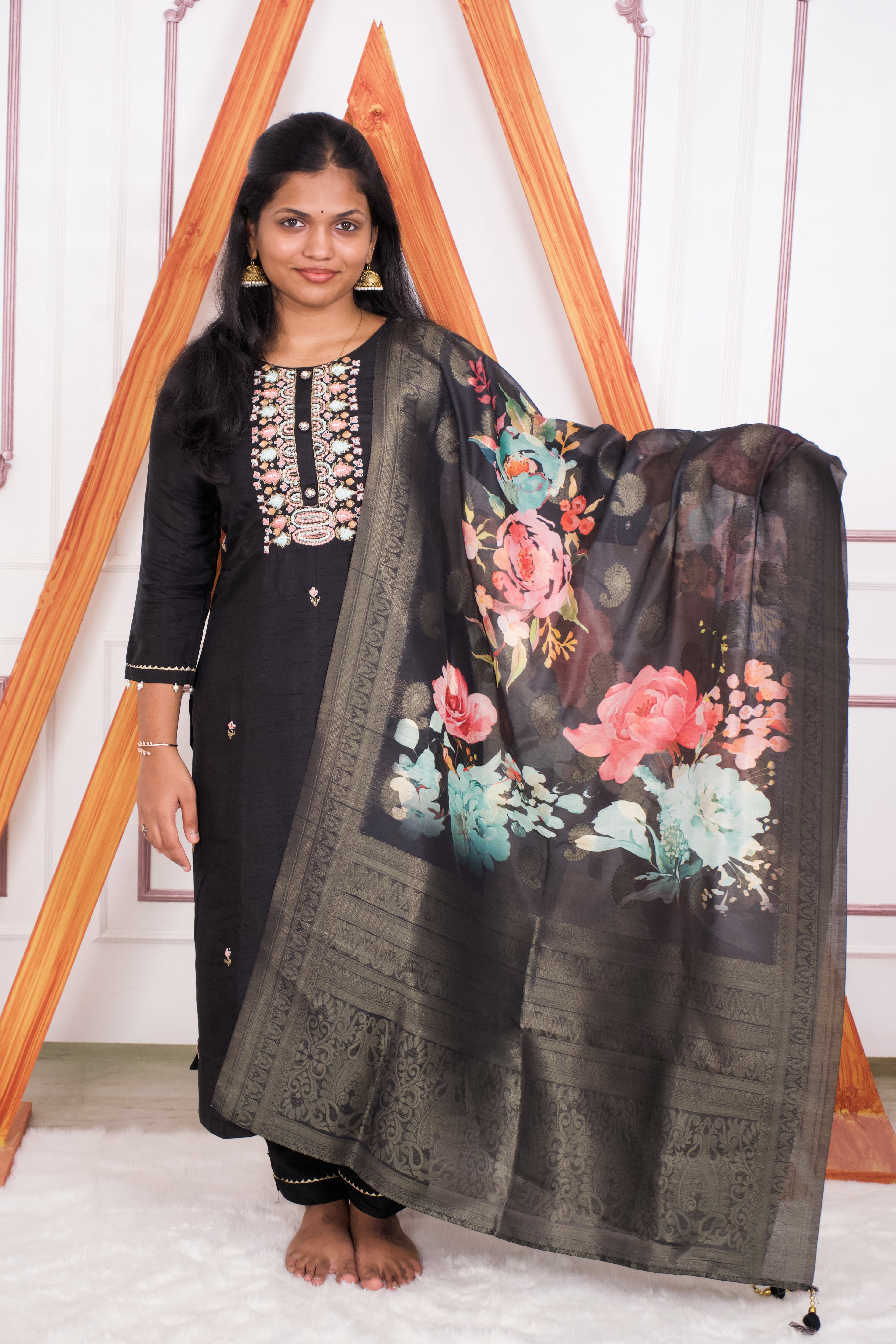 Black Handwork Silk kurti Set with Dola Dupatta