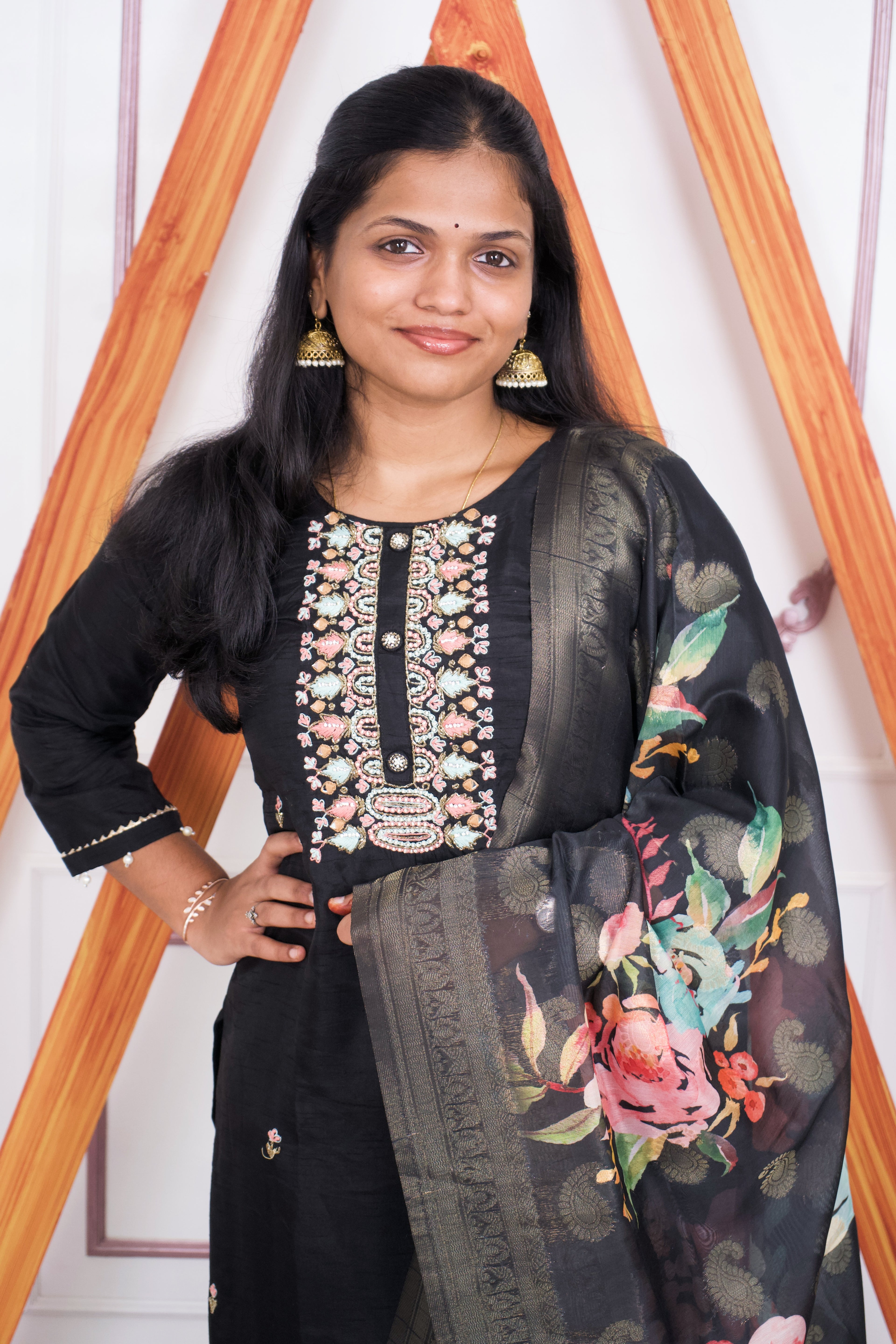 Black Handwork Silk kurti Set with Dola Dupatta