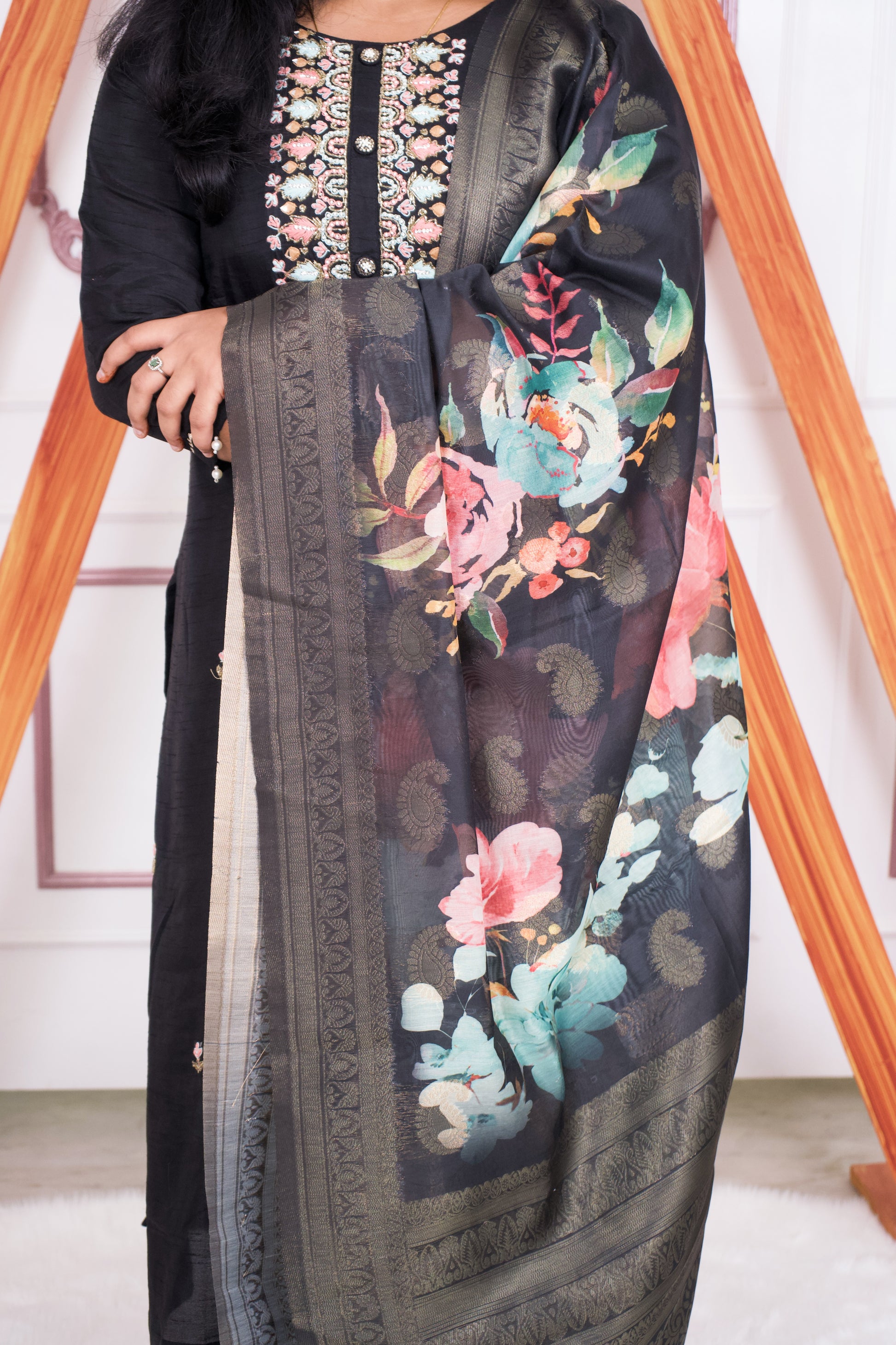 Black Handwork Silk kurti Set with Dola Dupatta