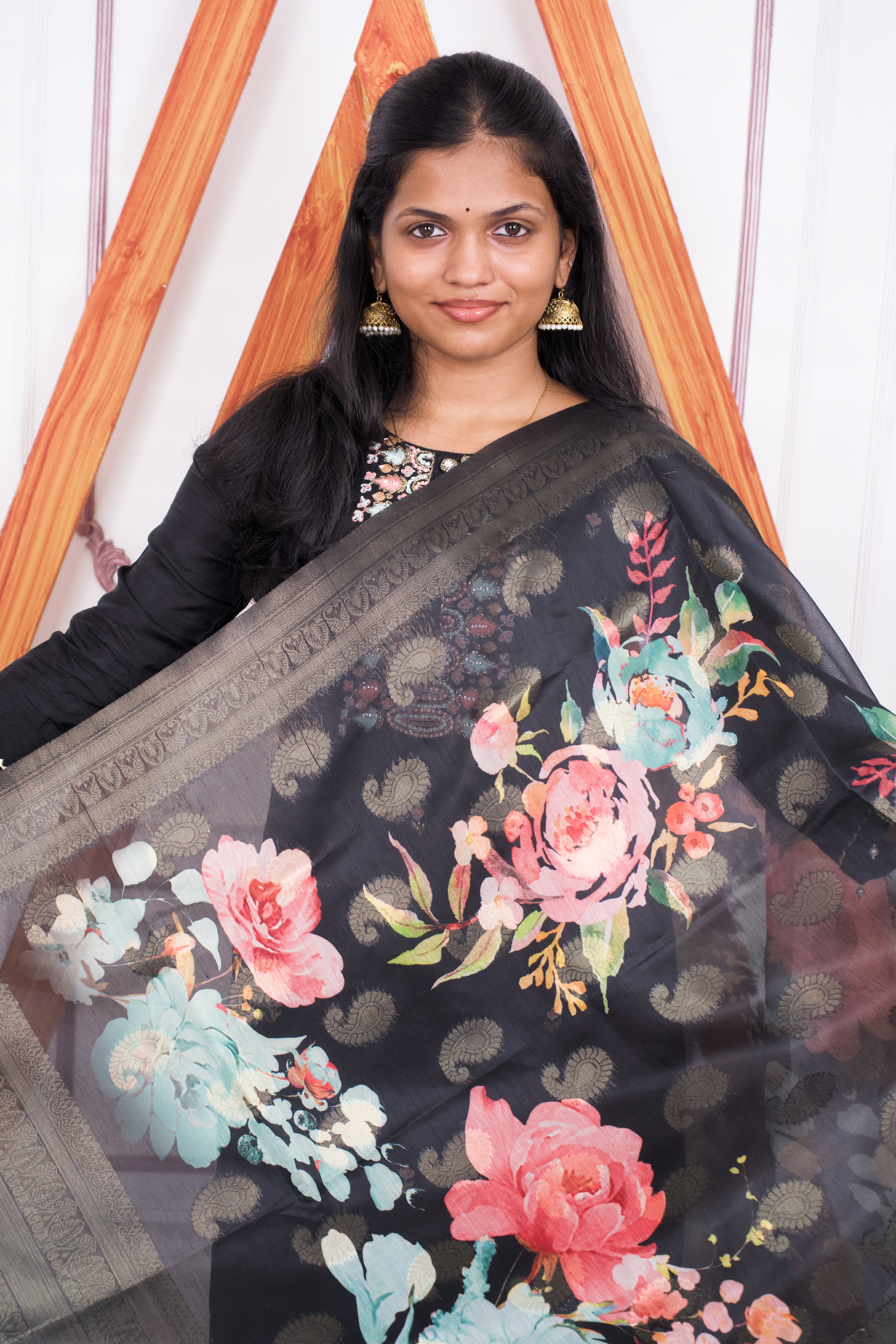 Black Handwork Silk kurti Set with Dola Dupatta