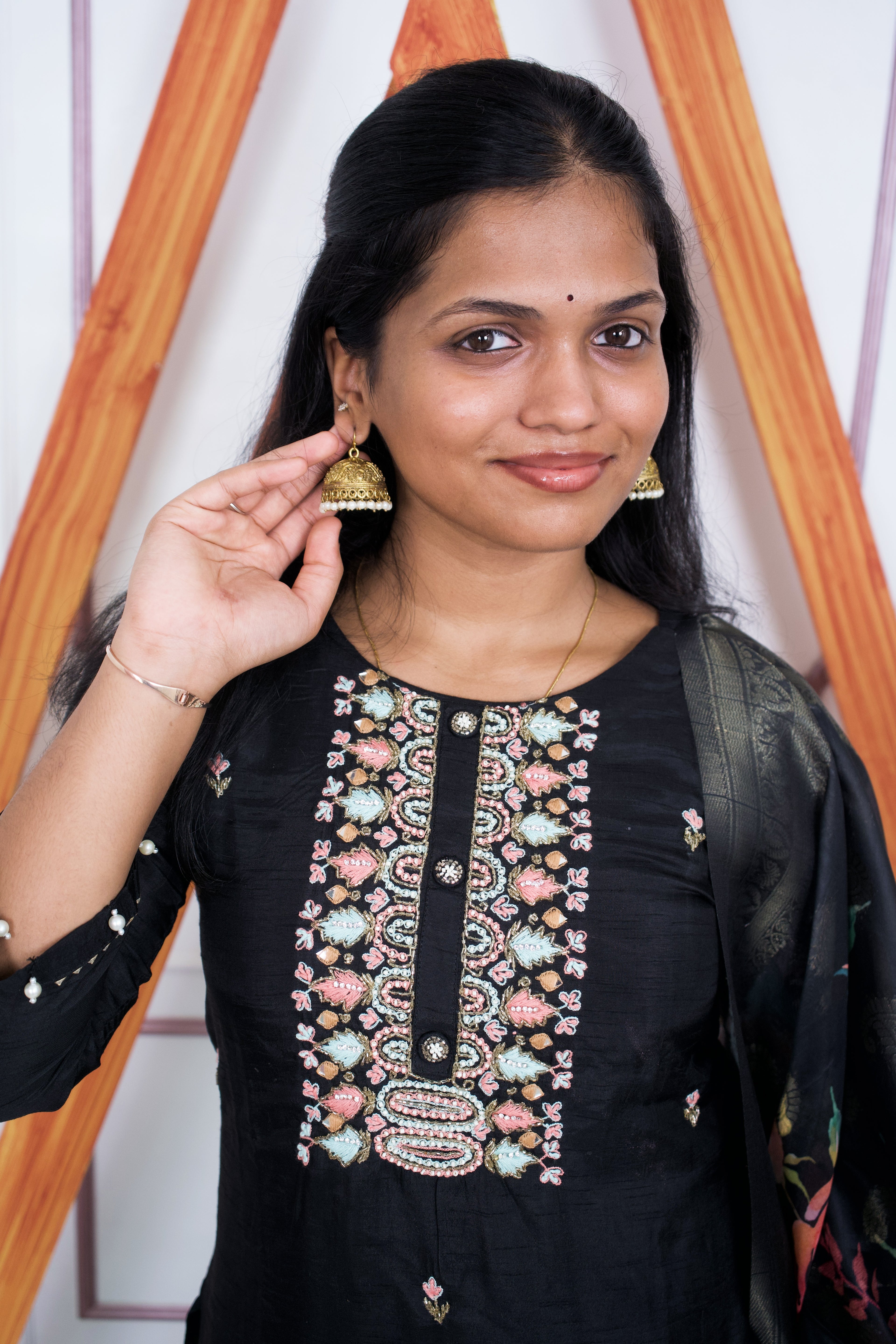 Black Handwork Silk kurti Set with Dola Dupatta