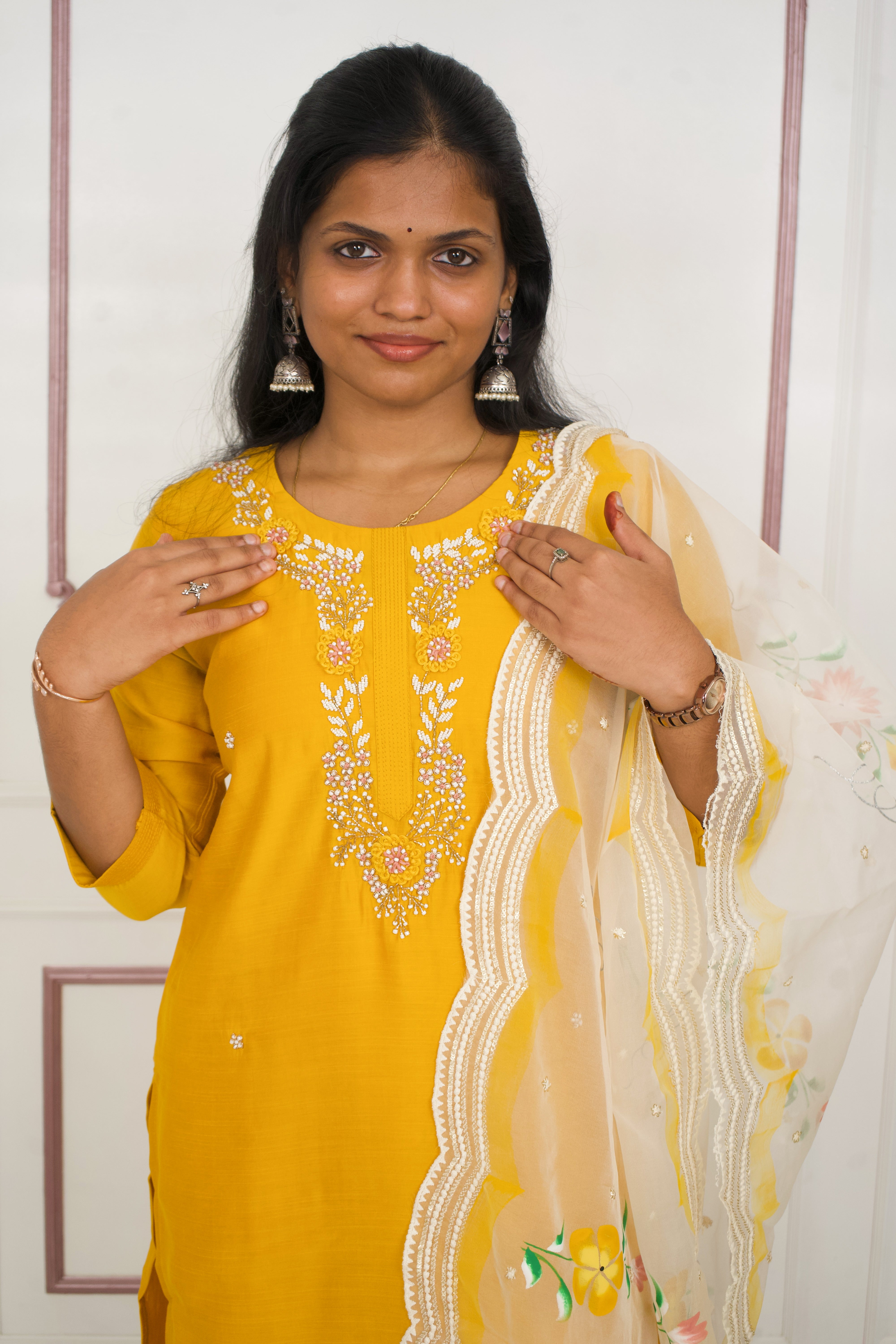 Golden Mustard Magic: Handworked 3-Piece Set with Handpainted Dupatta Secondary image