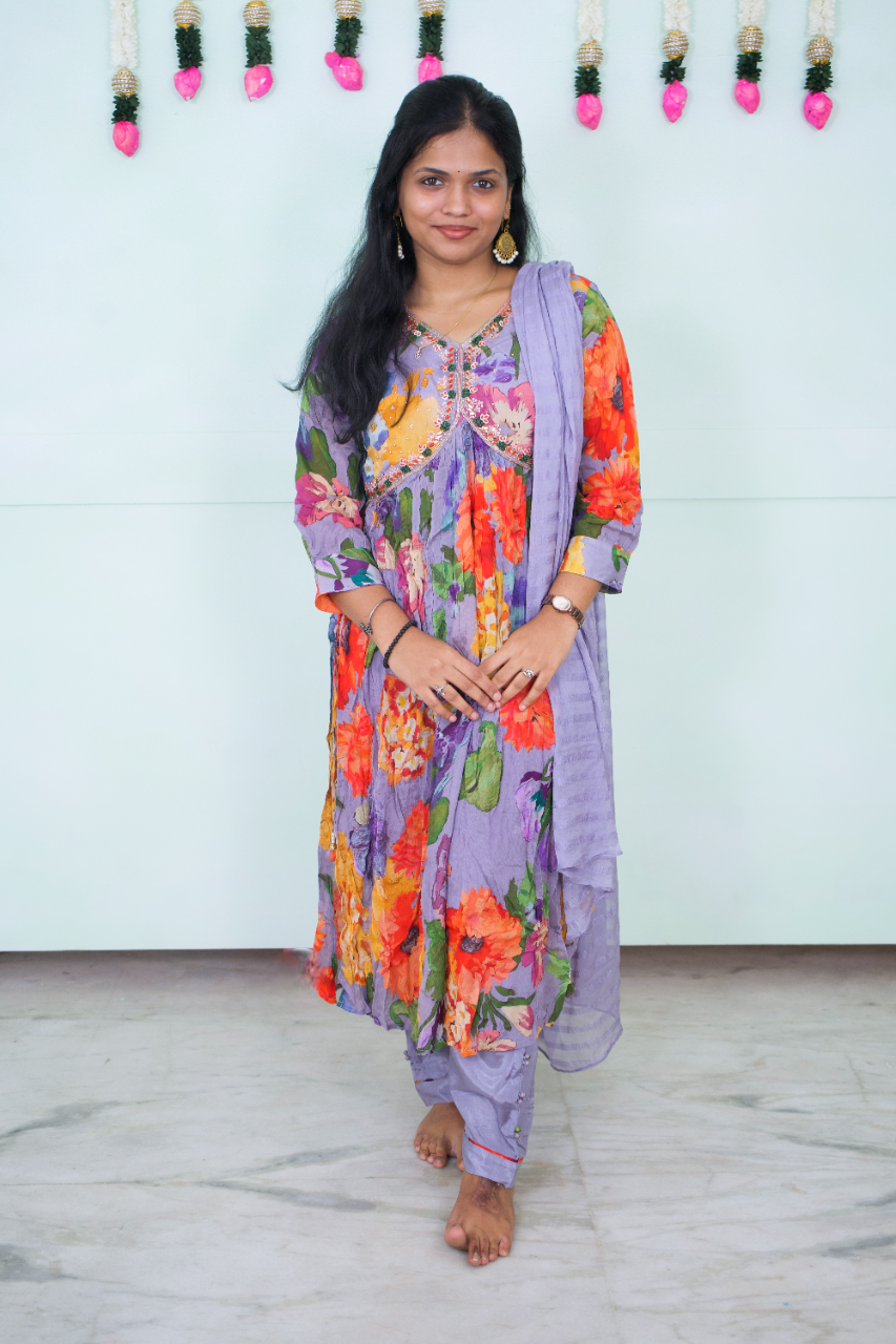  Grey Alia cut 3 piece Kurti set