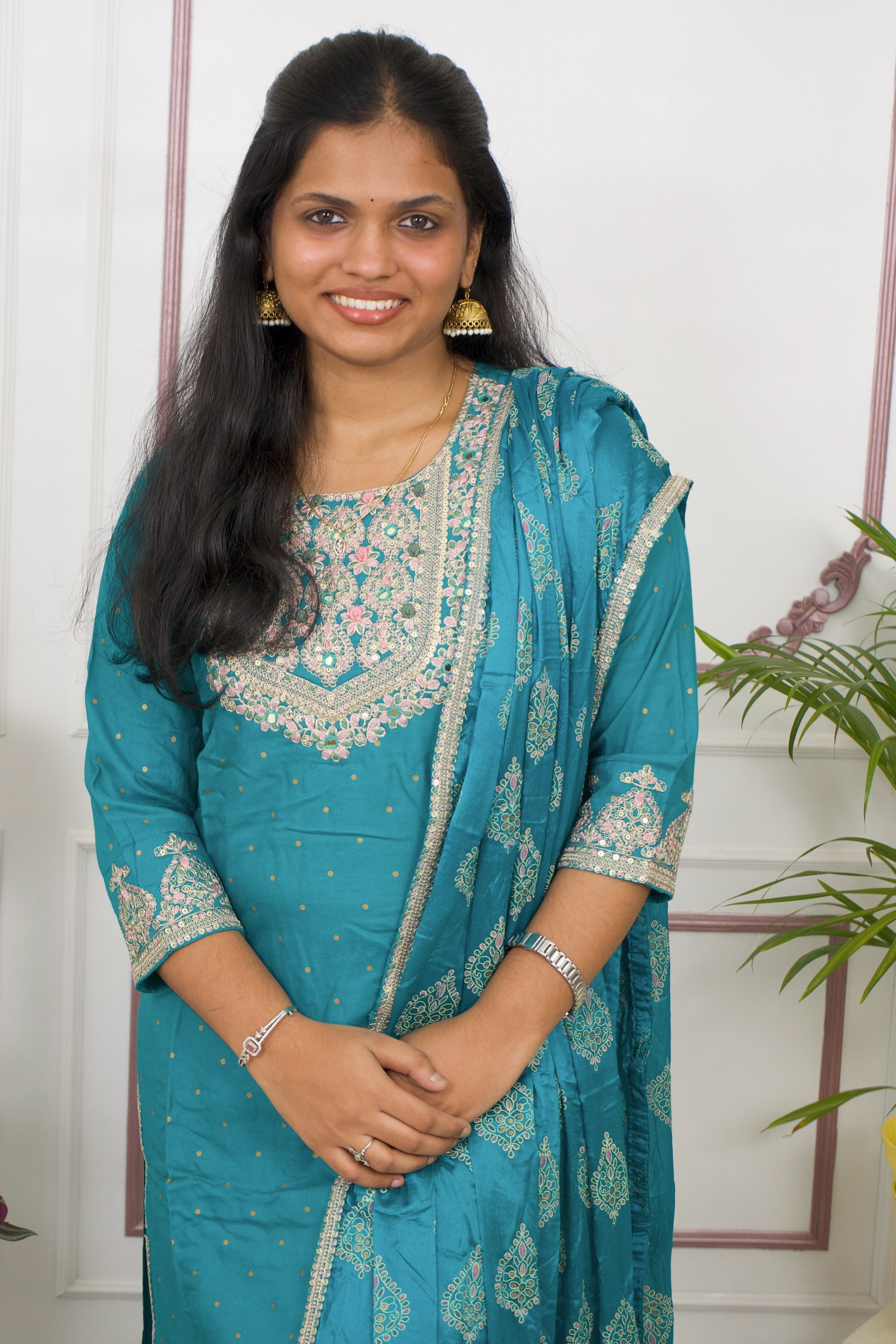 Peacock green 3 piece kurti set Main image