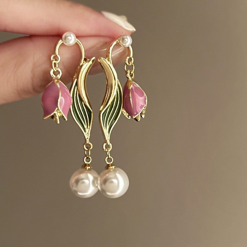 MIMI - Gold Pearl Pink Stone Detachable Floral Earrings For Women Secondary image