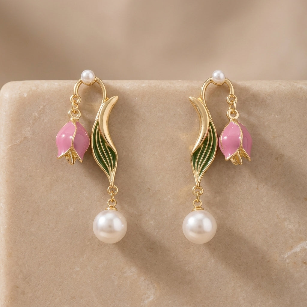 MIMI - Gold Pearl Pink Stone Detachable Floral Earrings For Women Main image