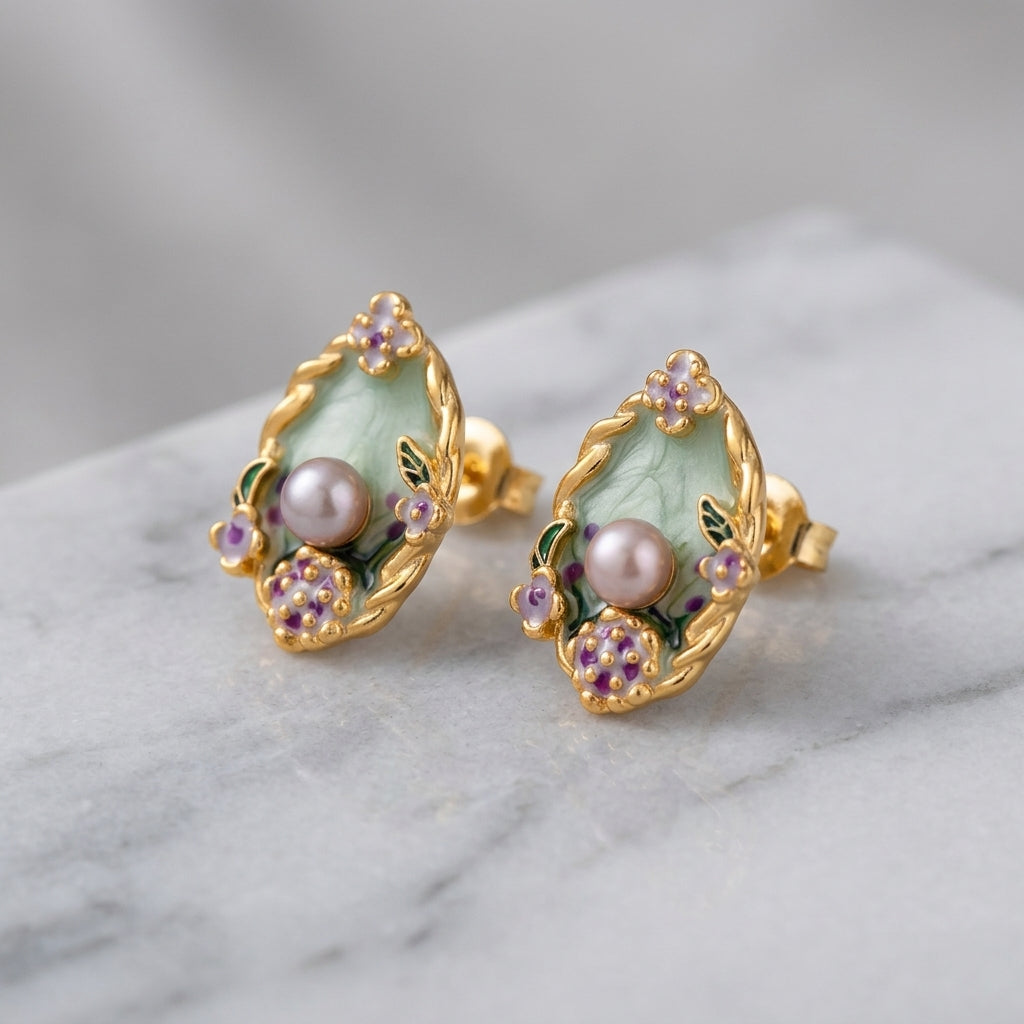 SUGA - Gold Tone Jade Pearl Flower Stud Earrings Main image