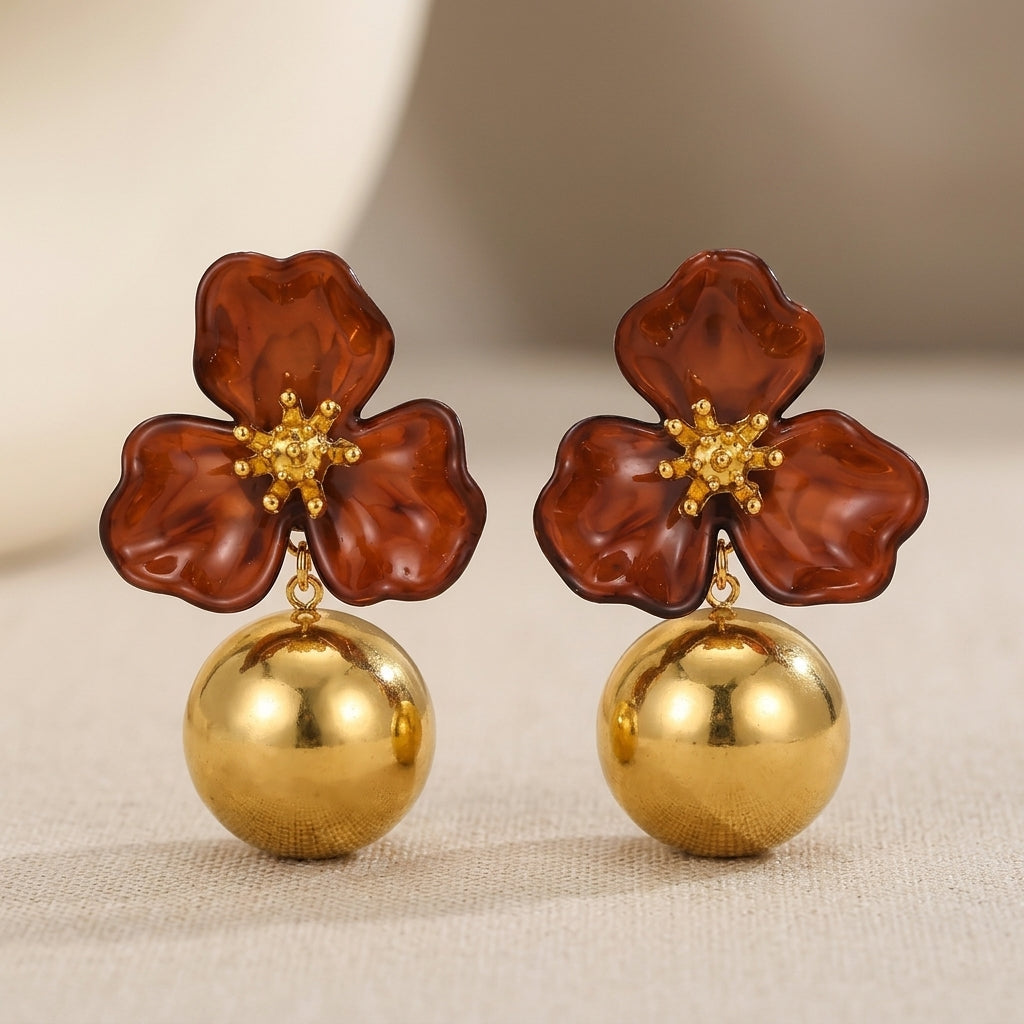 MIMI - Amber Resin Floral Drop Earrings With Gold Accents Main image