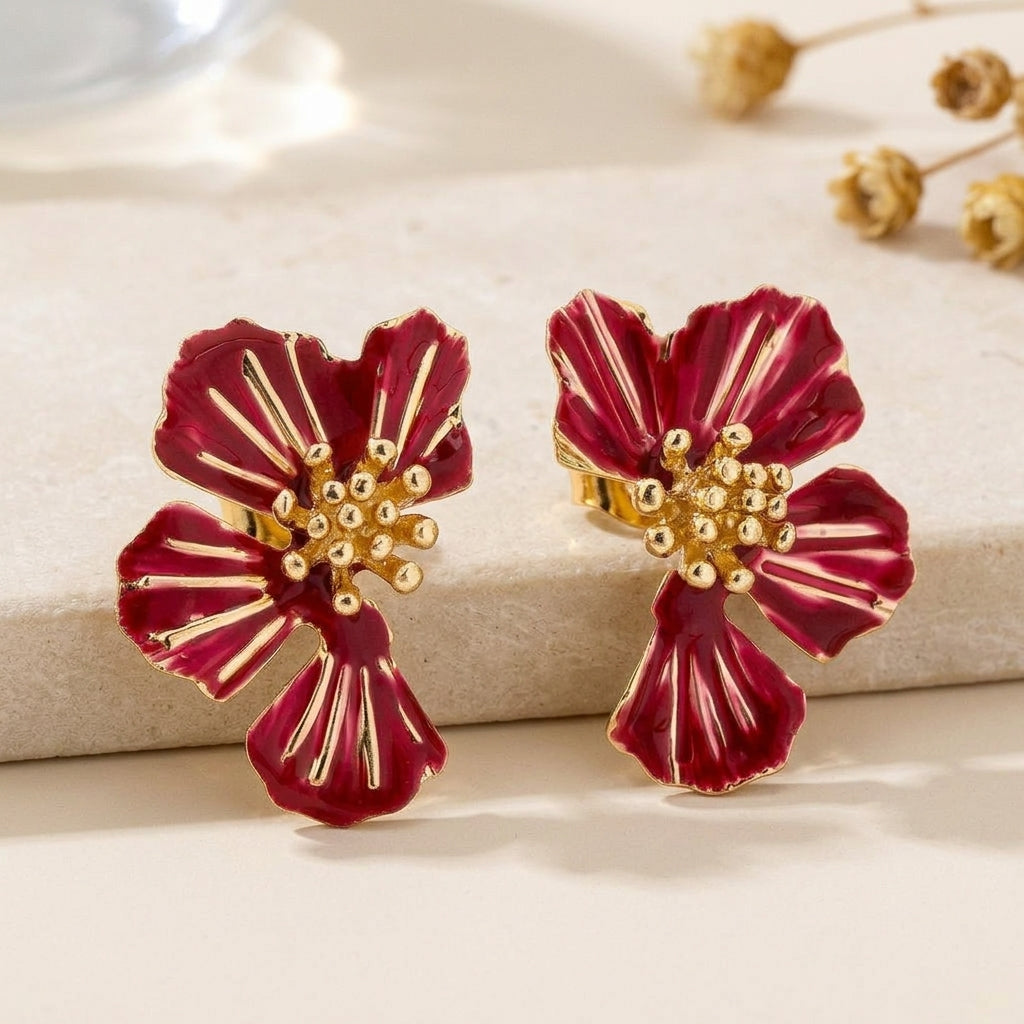MIMI - Red Enamel Gold Plated Flower Stud Earrings For Women Main image