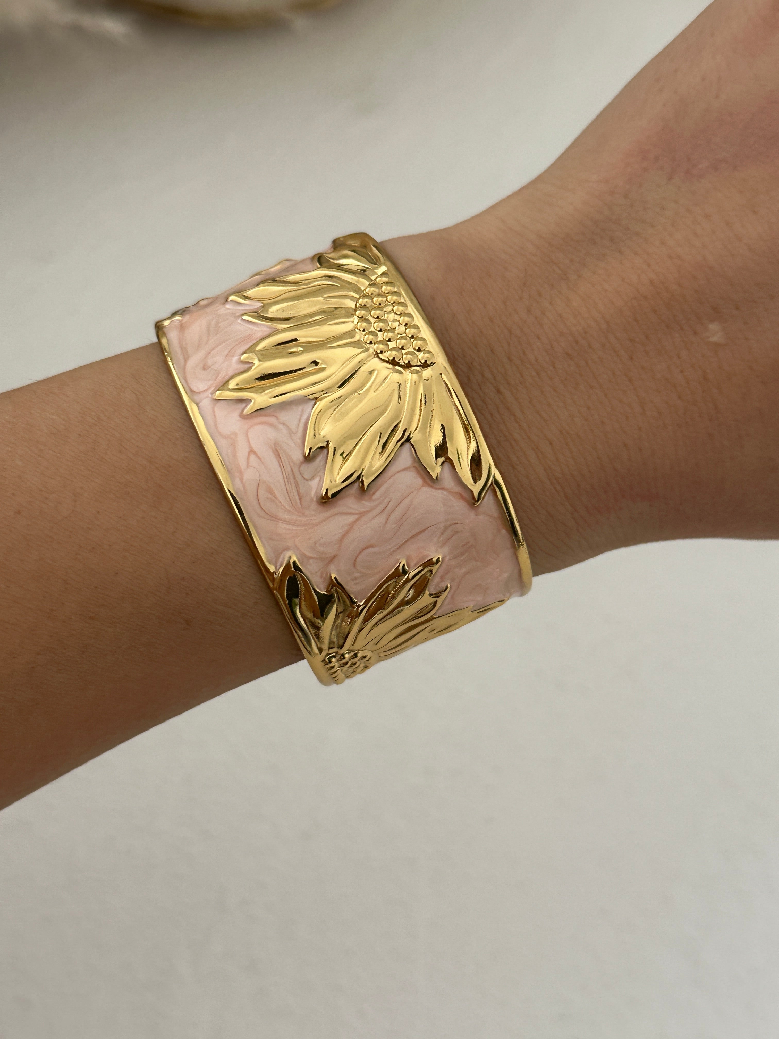 MEHA - Gold Plated Pink Stone Cuff Bracelet for Women | Designer Floral Open Cuff Kada Main image
