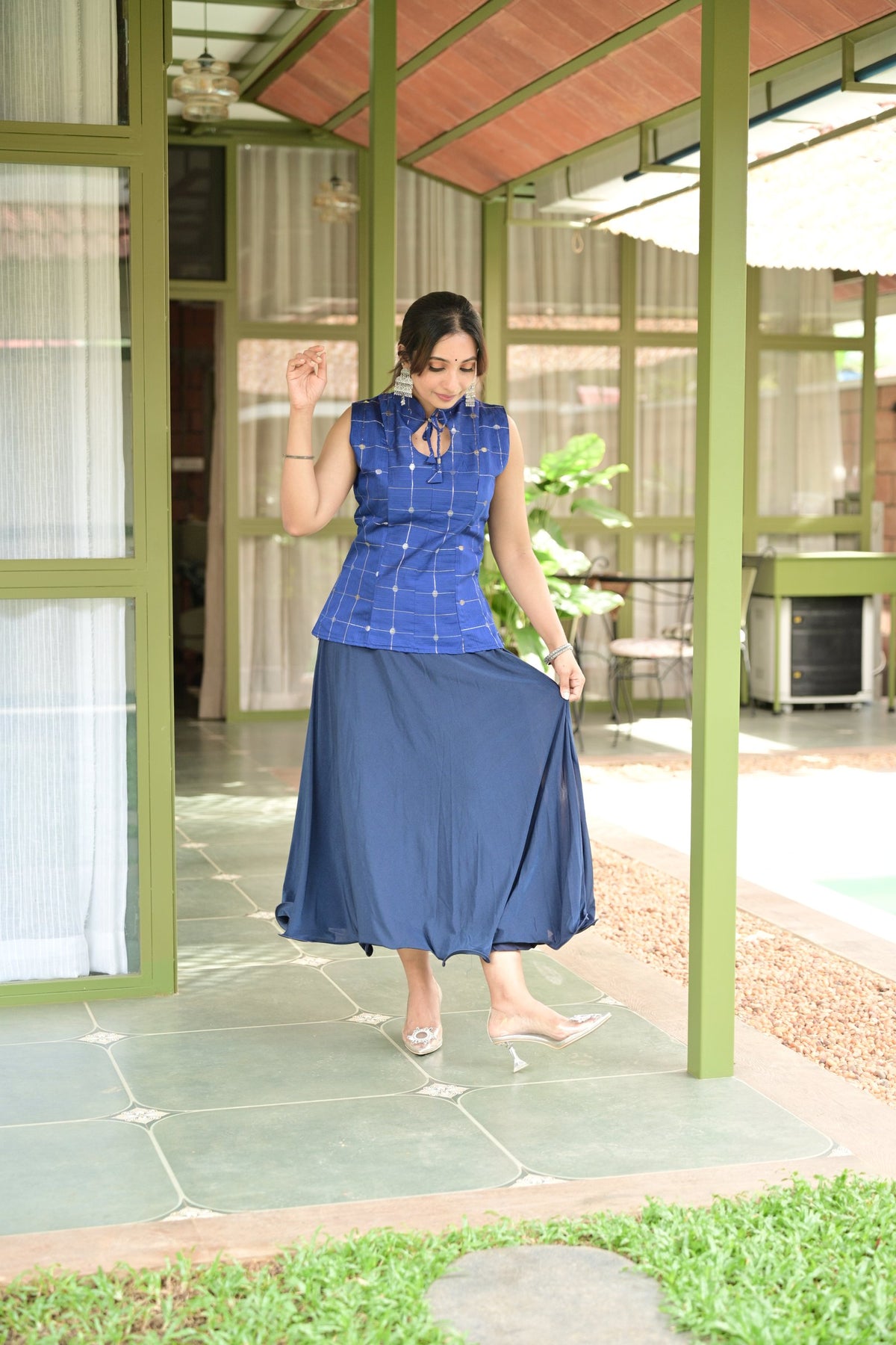 Thendral – Rich Blue Zari Check Raw silk Short Kurti | Afterglow