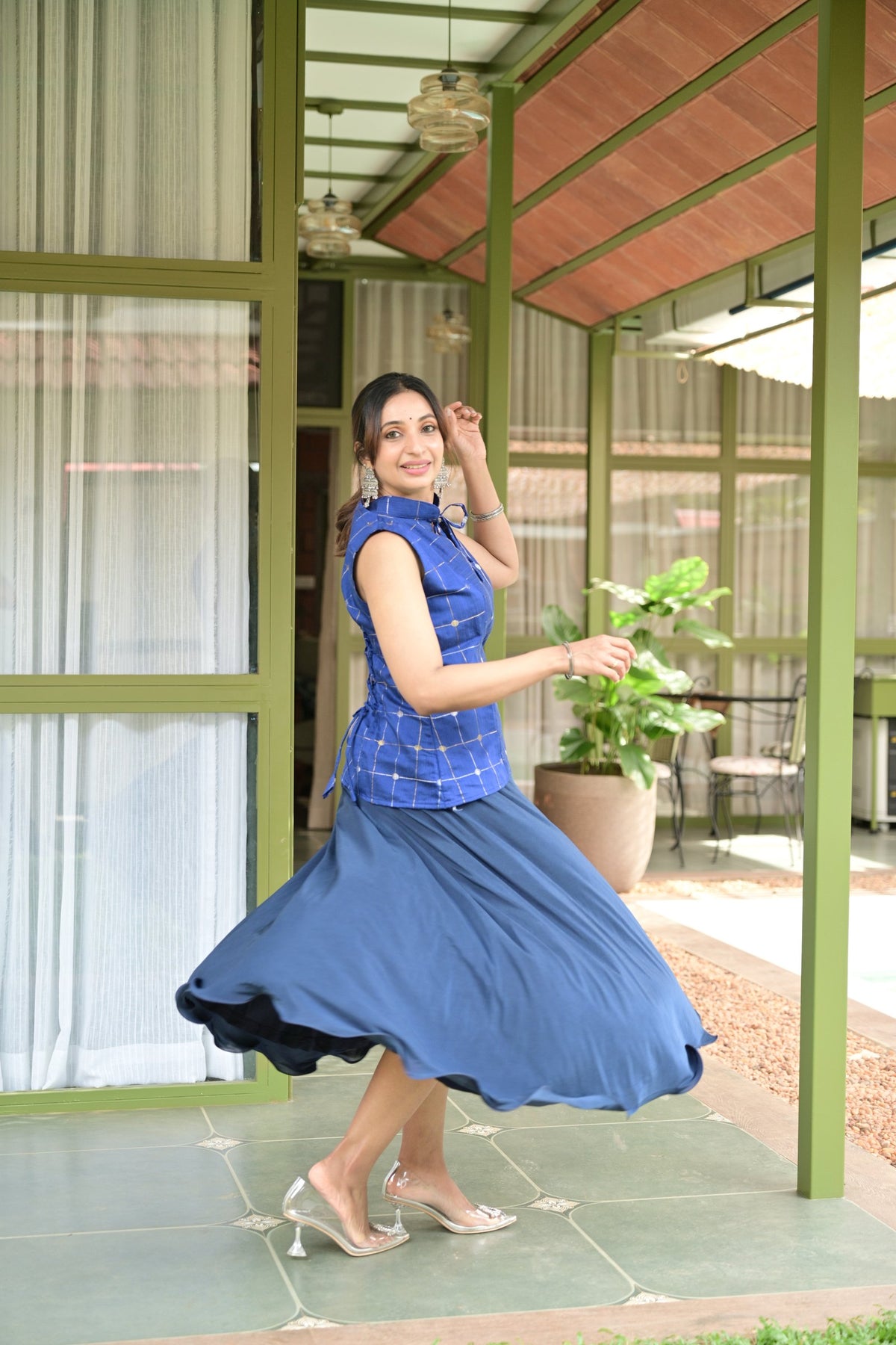 Thendral – Rich Blue Zari Check Raw silk Short Kurti | Afterglow