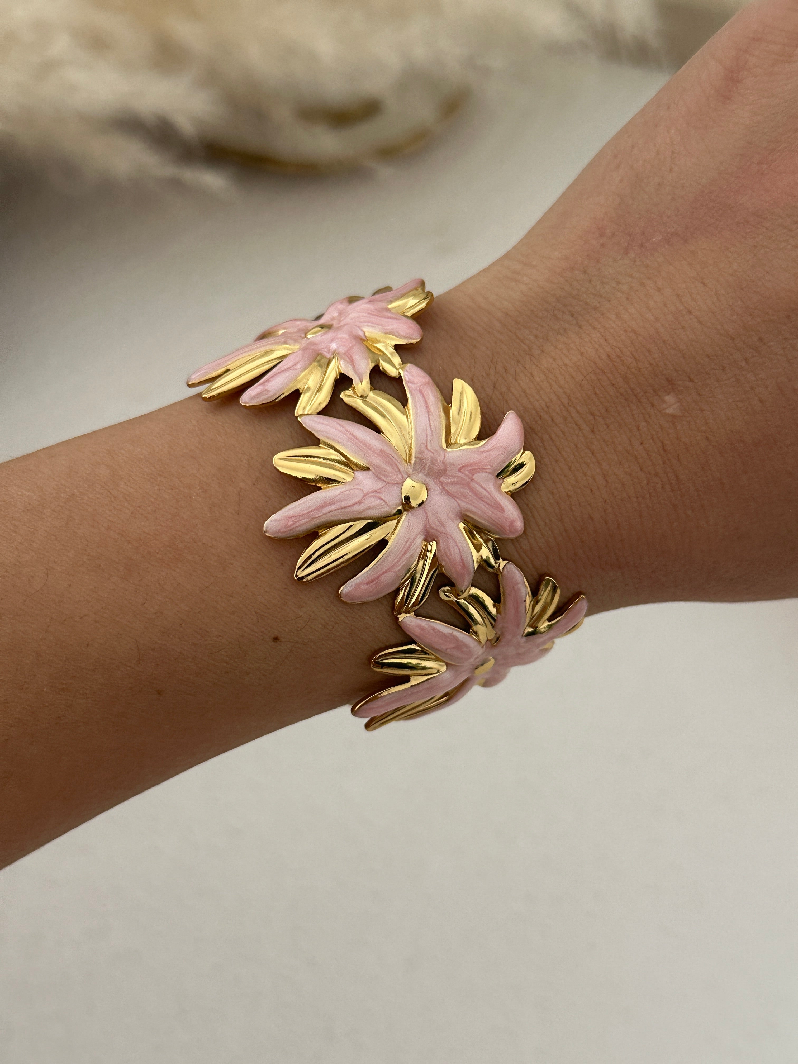 Pink And Gold Floral Charm Bracelet For Women