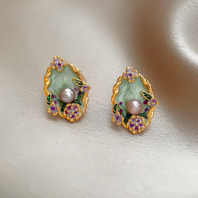 SUGA - Gold Tone Jade Pearl Flower Stud Earrings