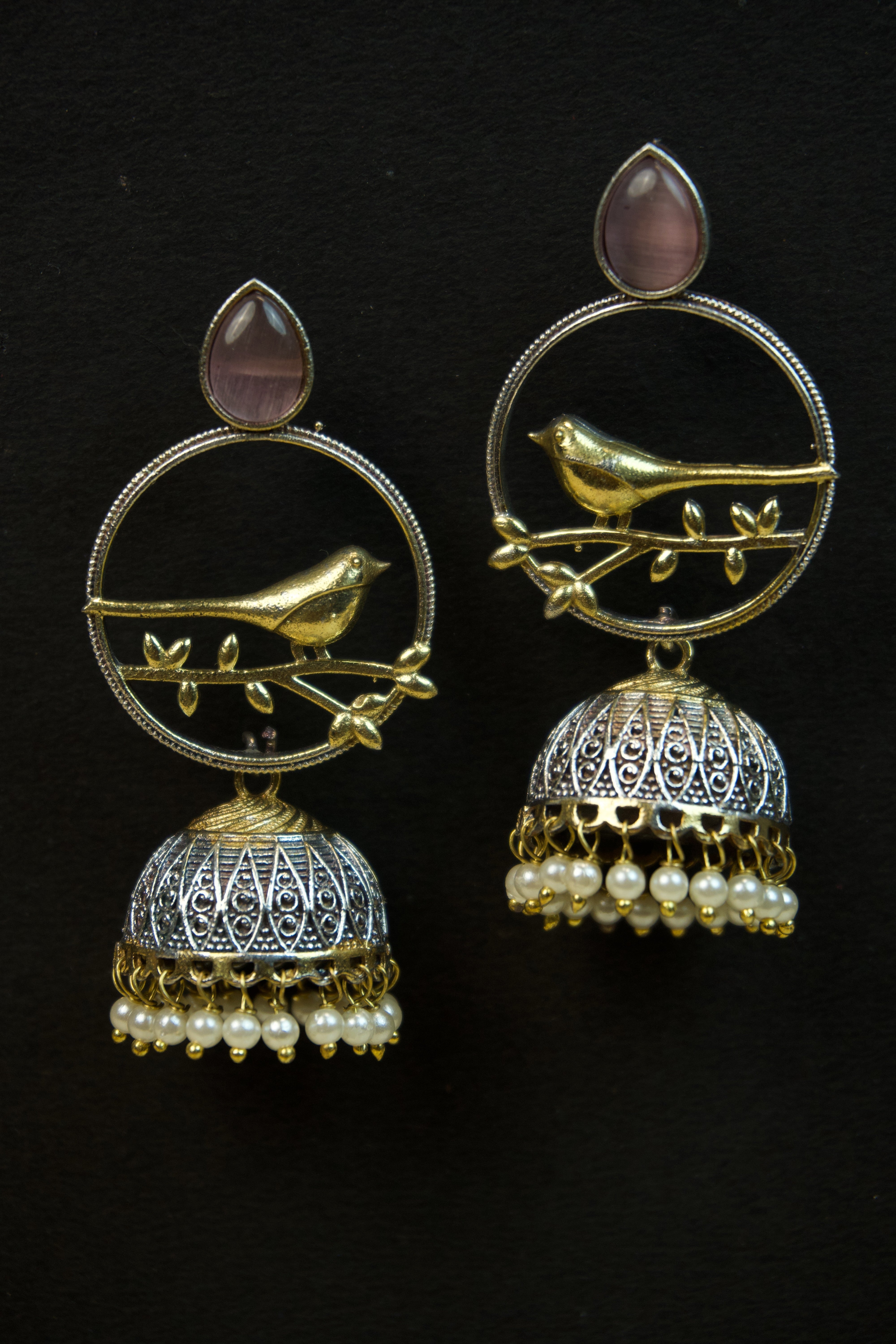 Pair of silver Oxidized earrings with pearl beads  in Brass metal Main image