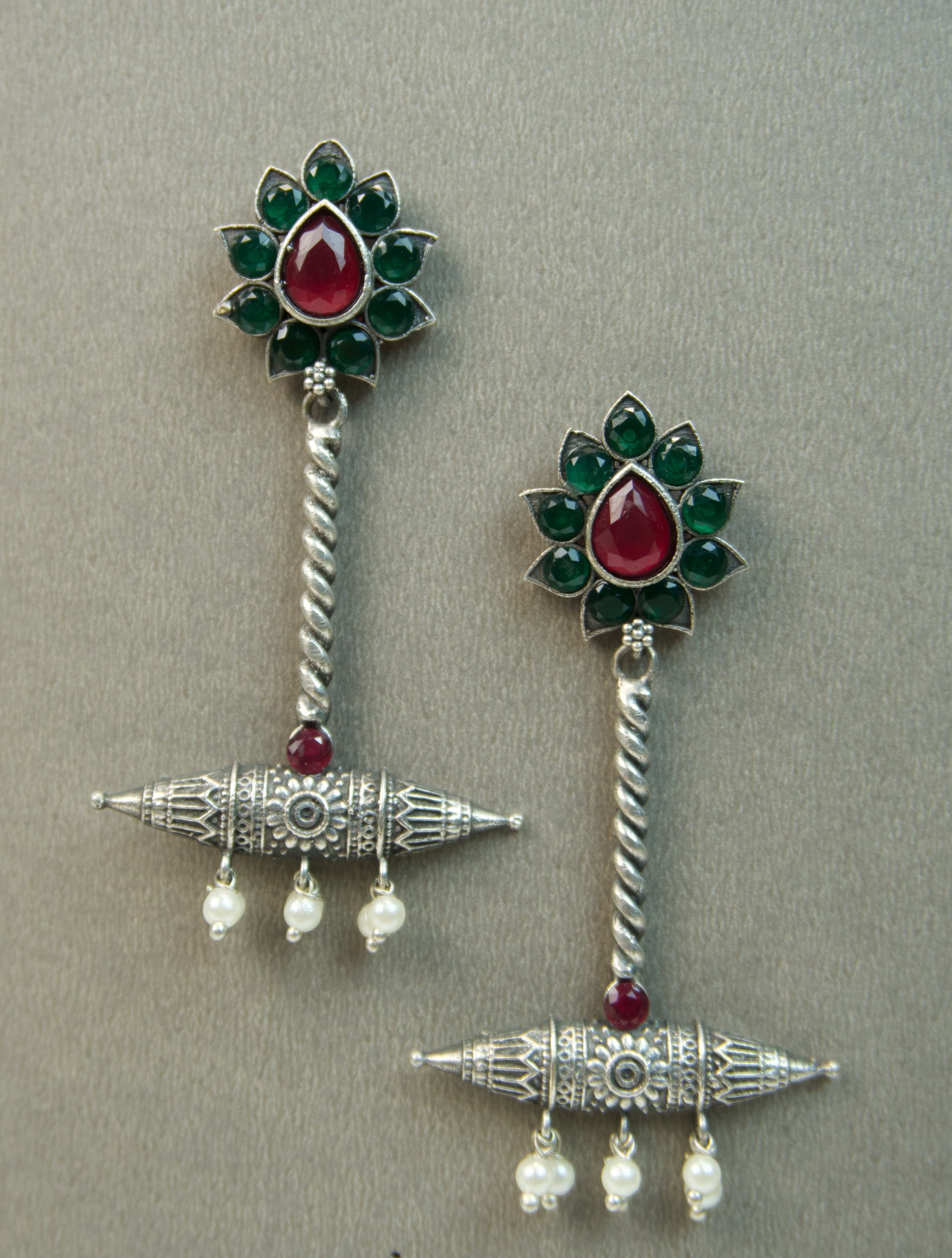 Pair of silver Oxidized earrings with pearl beads  in Brass metal