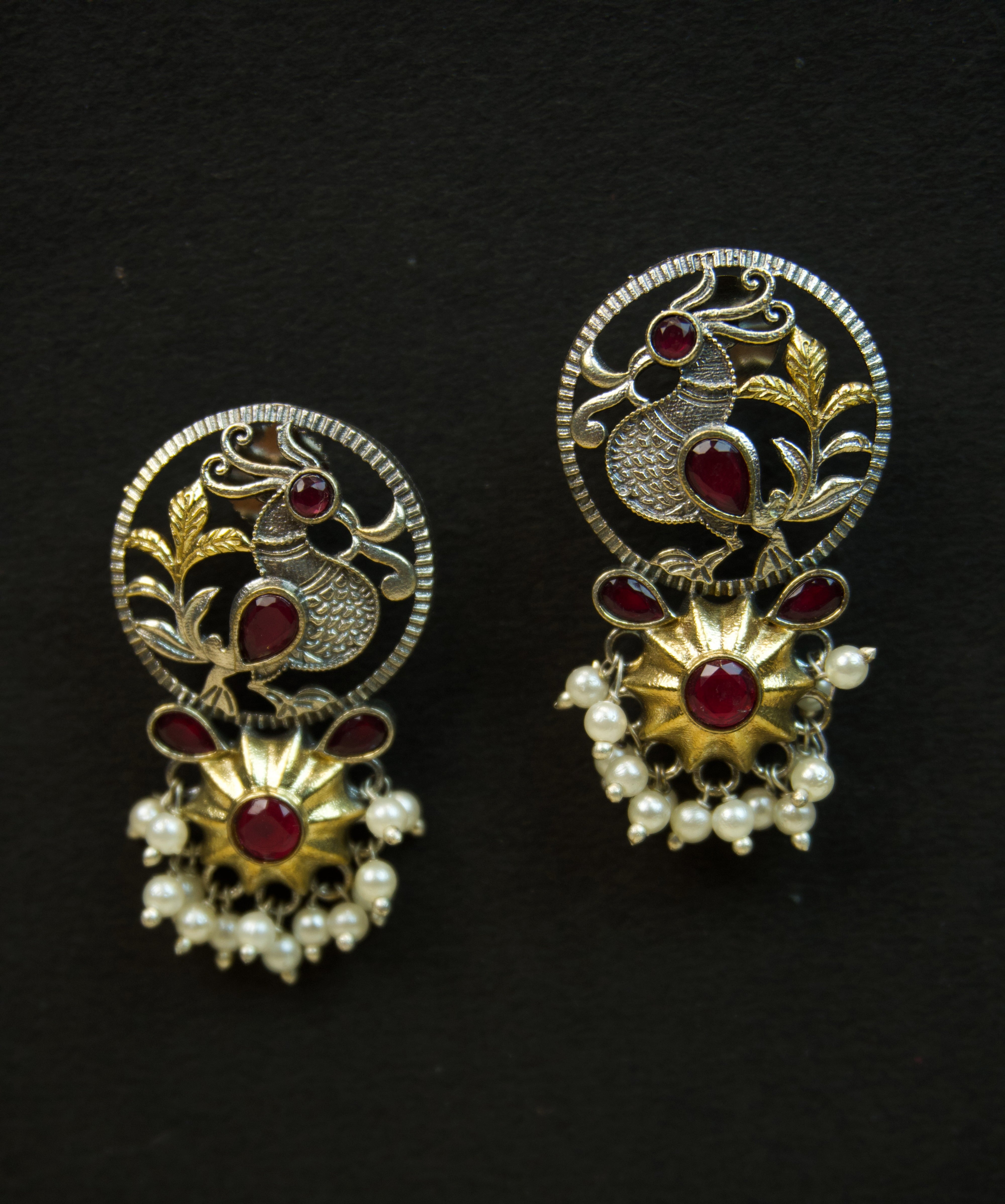Pair of silver Oxidized earrings with pearl beads  in Brass metal Main image
