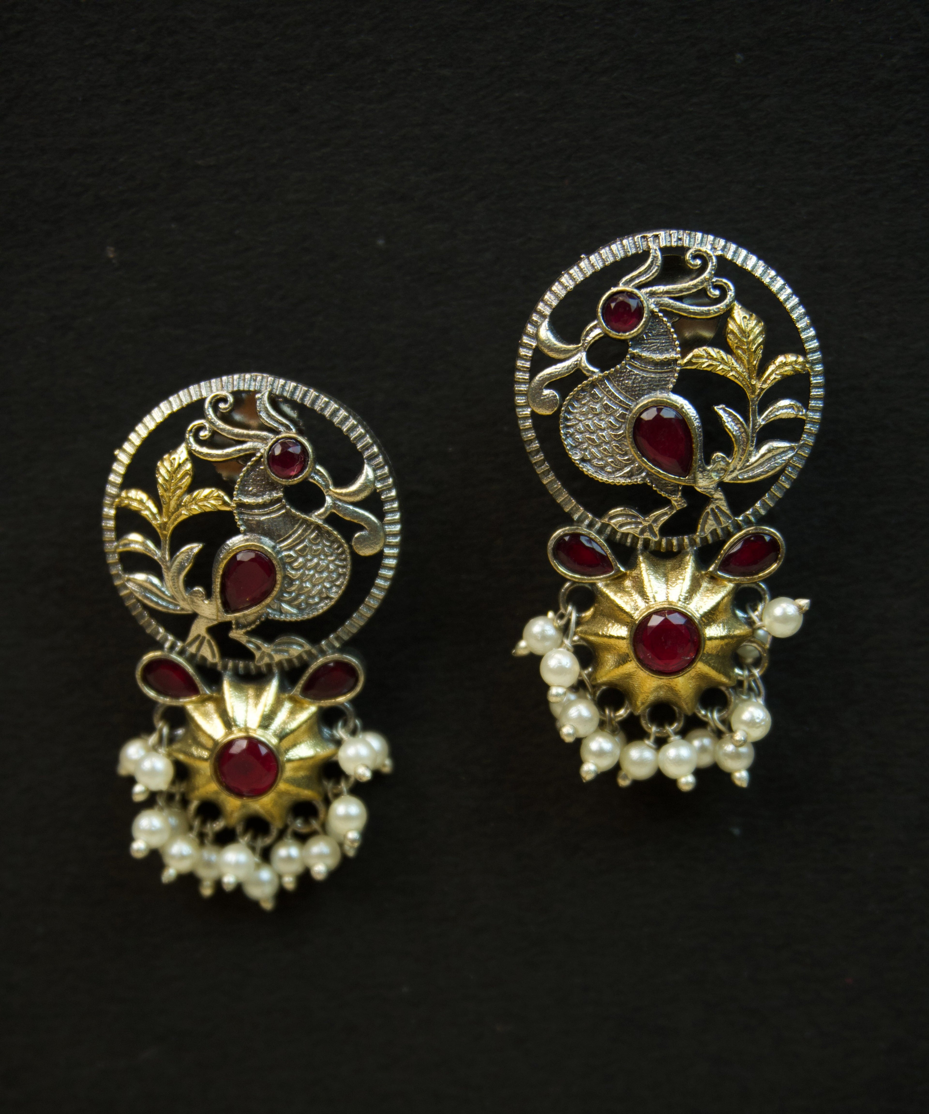 Pair of silver Oxidized earrings with pearl beads  in Brass metal
