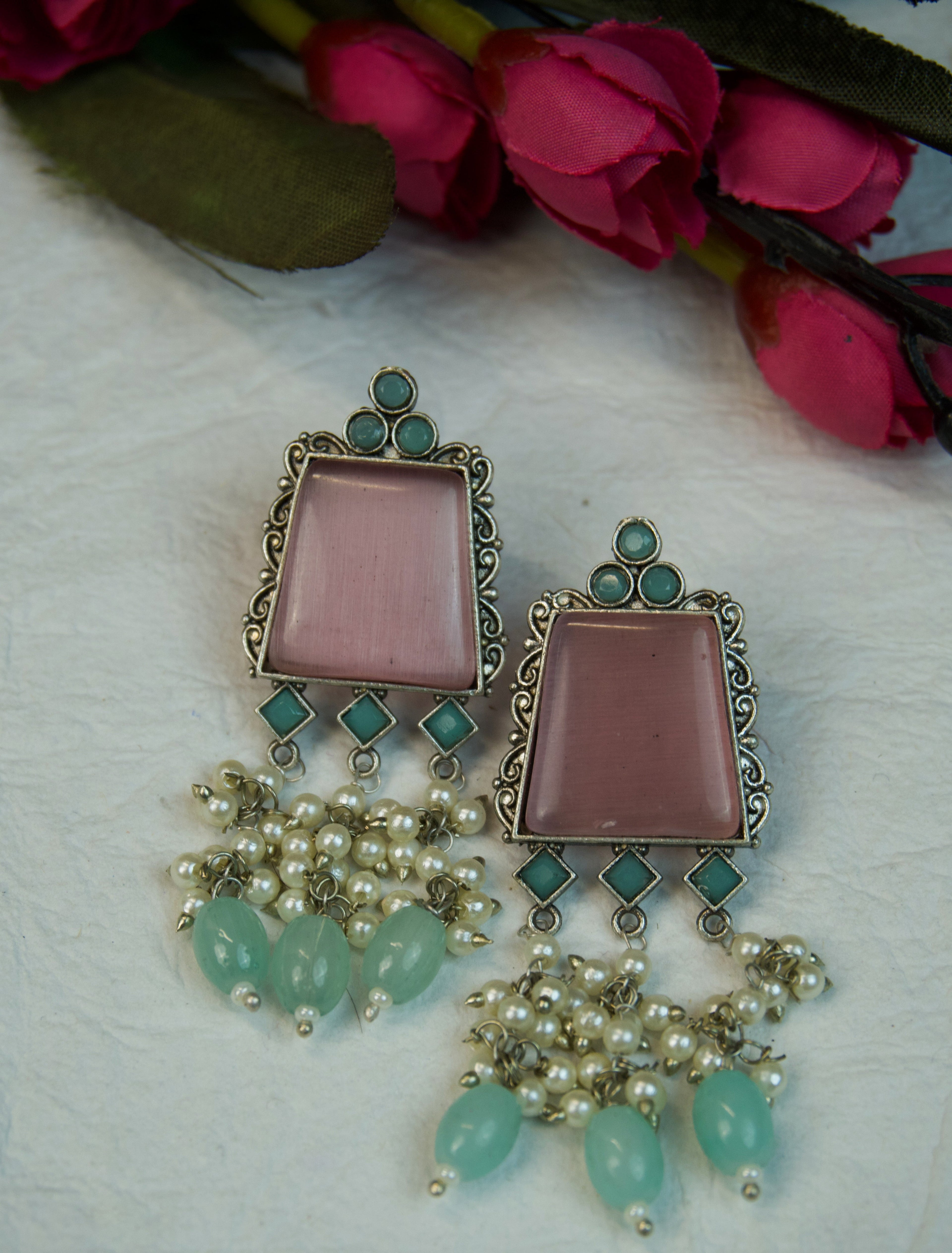 Pair of silver Oxidized earrings with pearl beads  in Brass metal