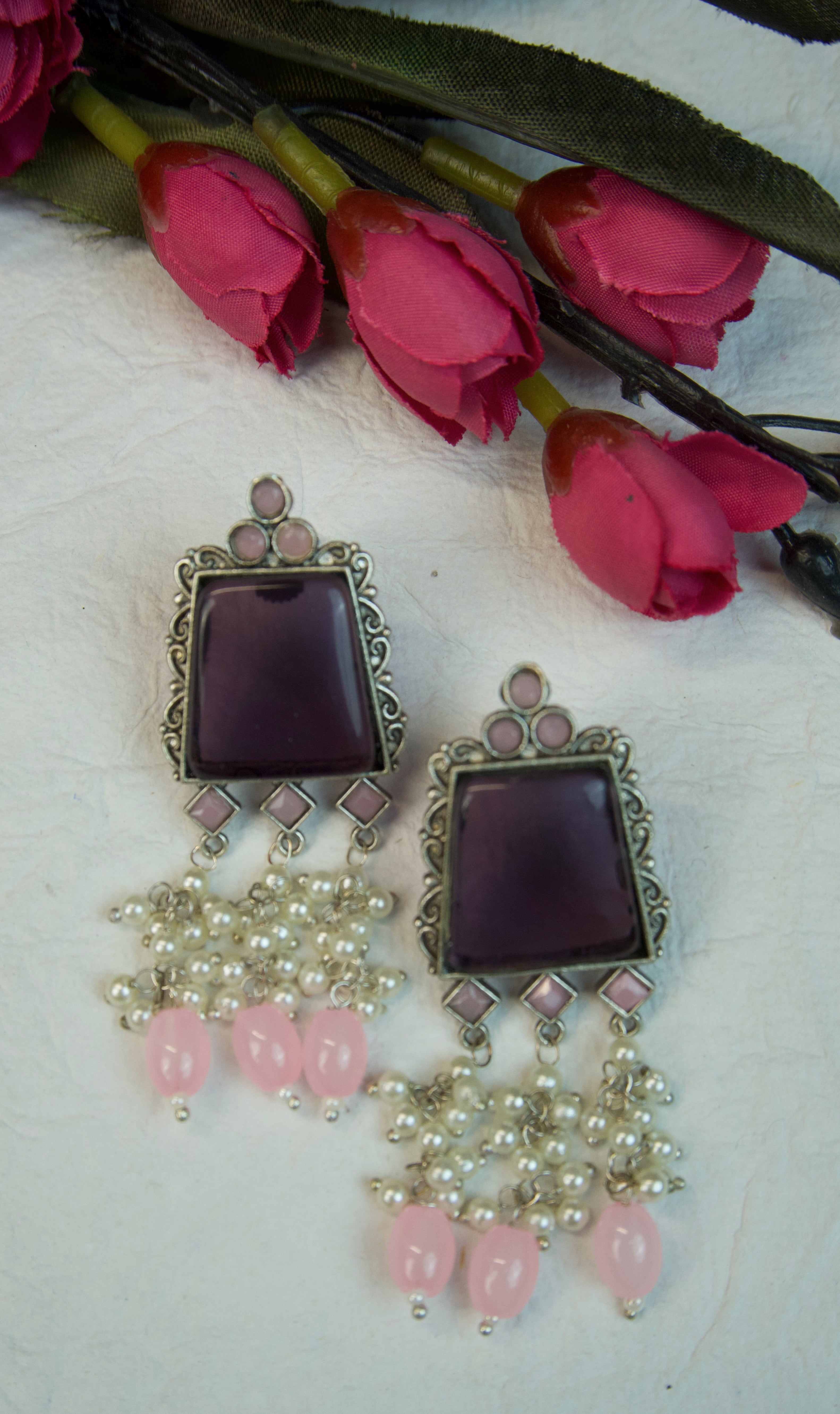 Pair of silver Oxidized earrings with pearl beads  in Brass metal Main image
