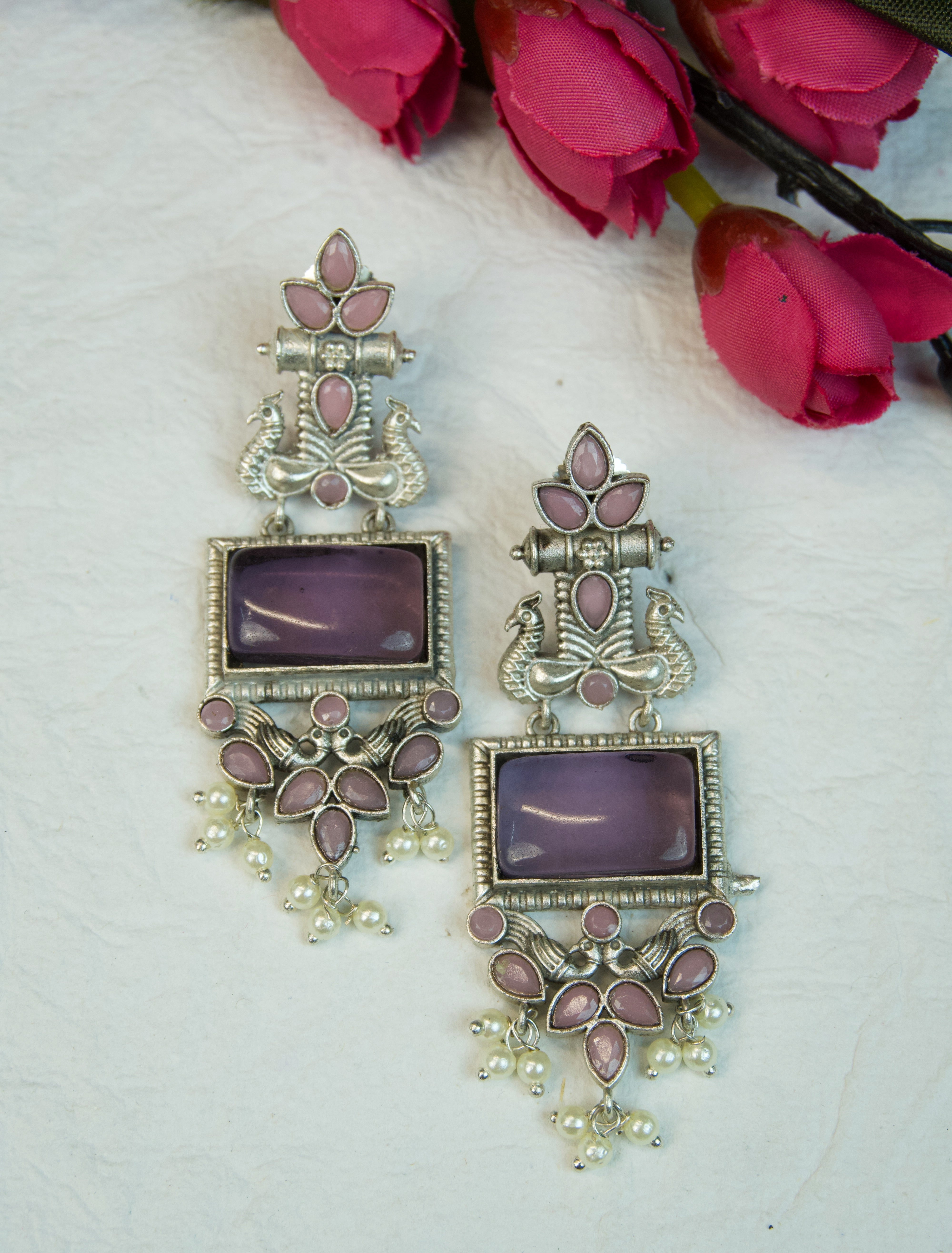 Pair of silver Oxidized earrings with pearl beads  in Brass metal Main image