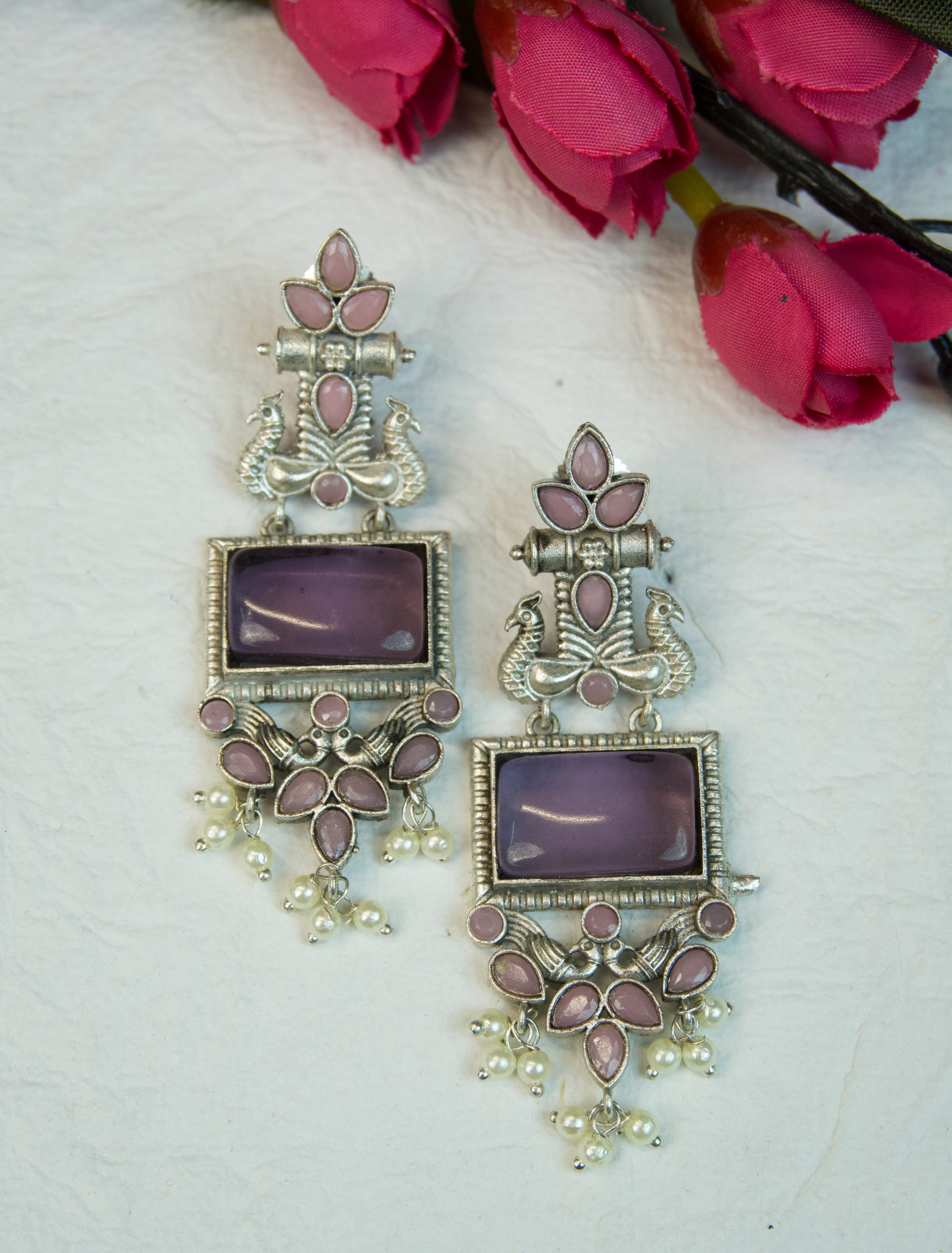 Pair of silver Oxidized earrings with pearl beads  in Brass metal