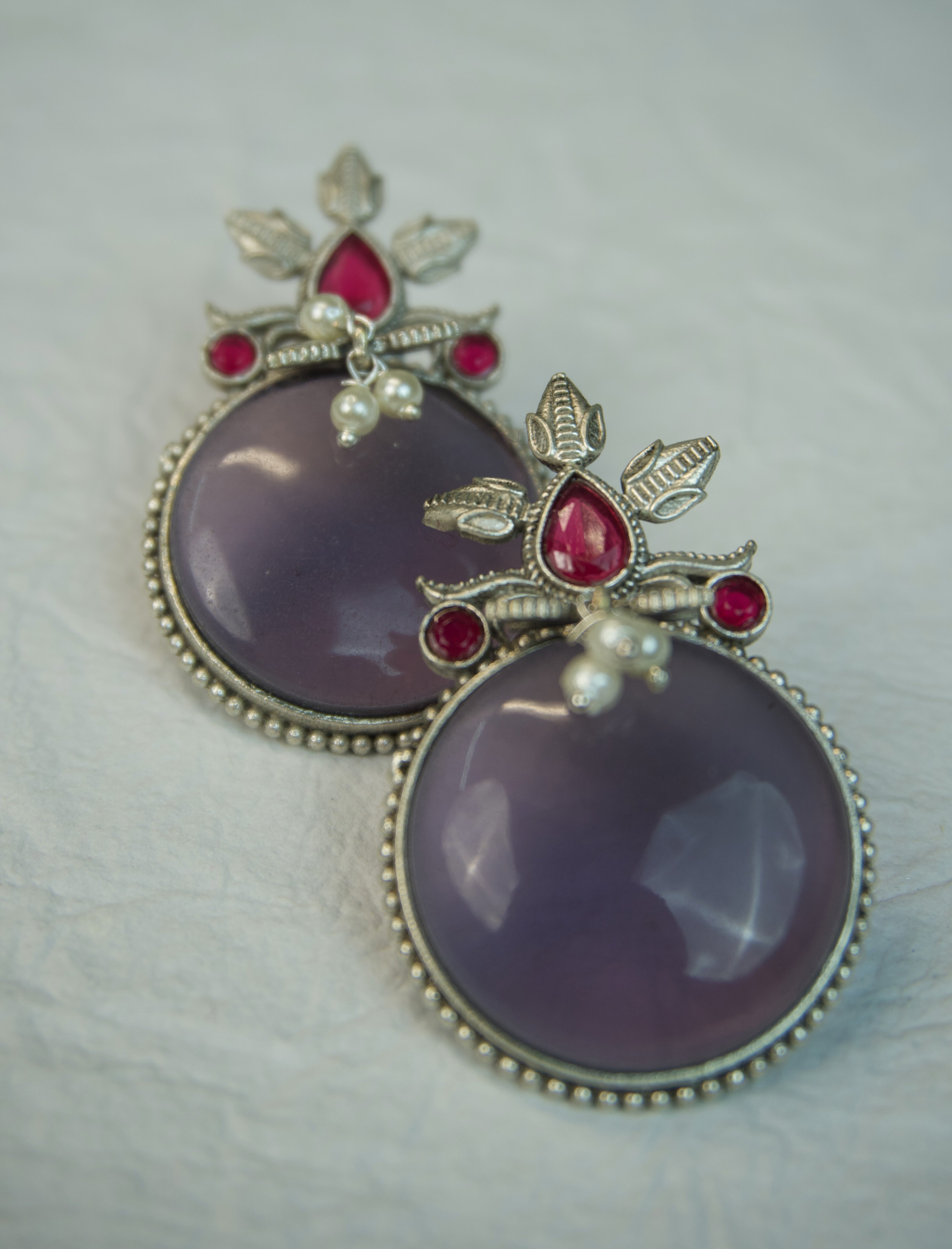 Pair of silver Oxidized earrings with pearl beads  in Brass metal Main image