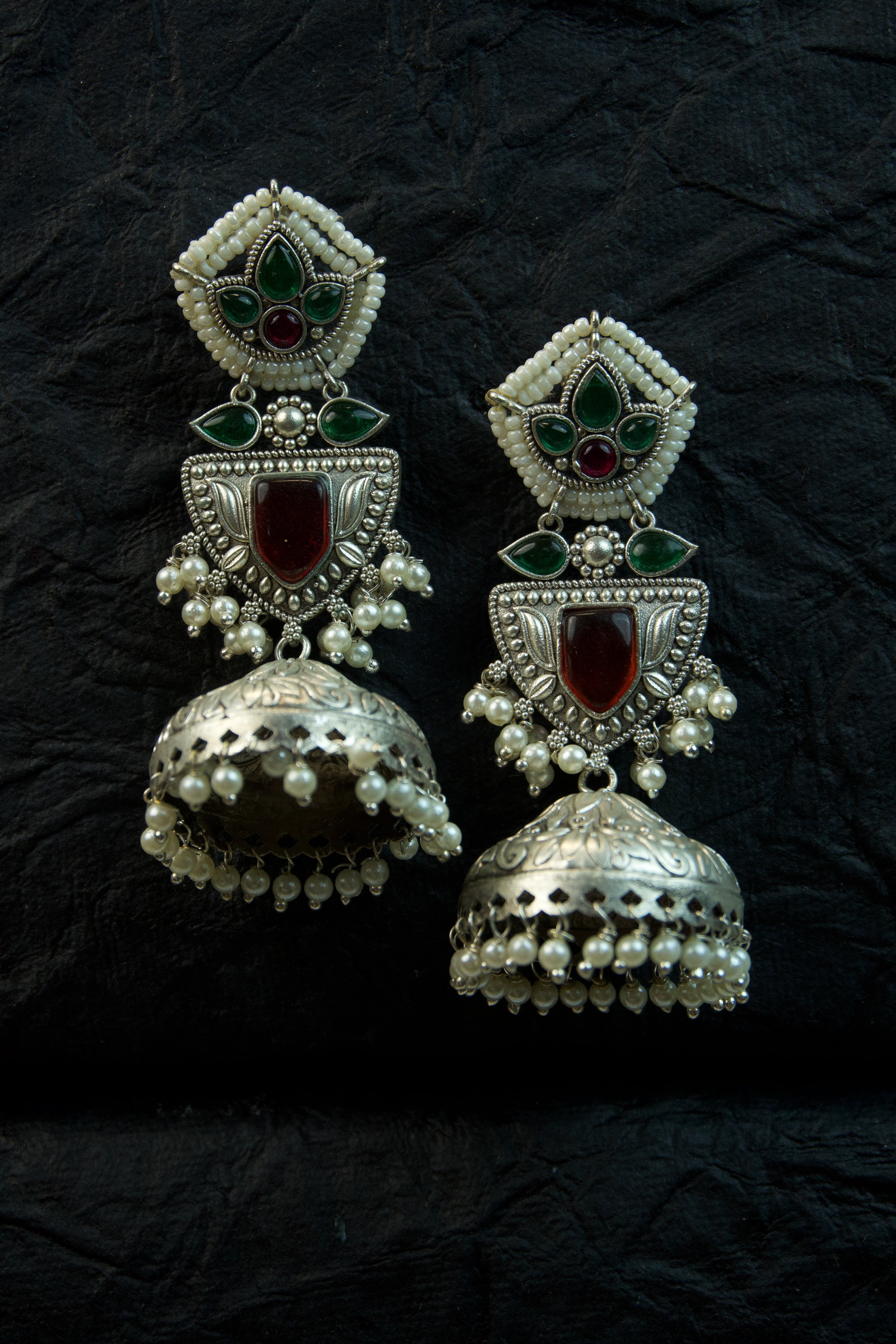 Pair of silver Oxidized earrings with pearl beads  in Brass metal