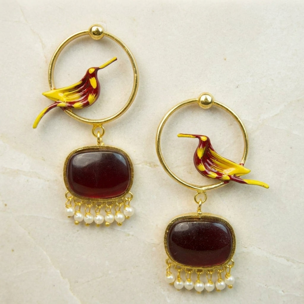 SARA - Gold Toned Hand Painted Red Beautiful Earrings Main image