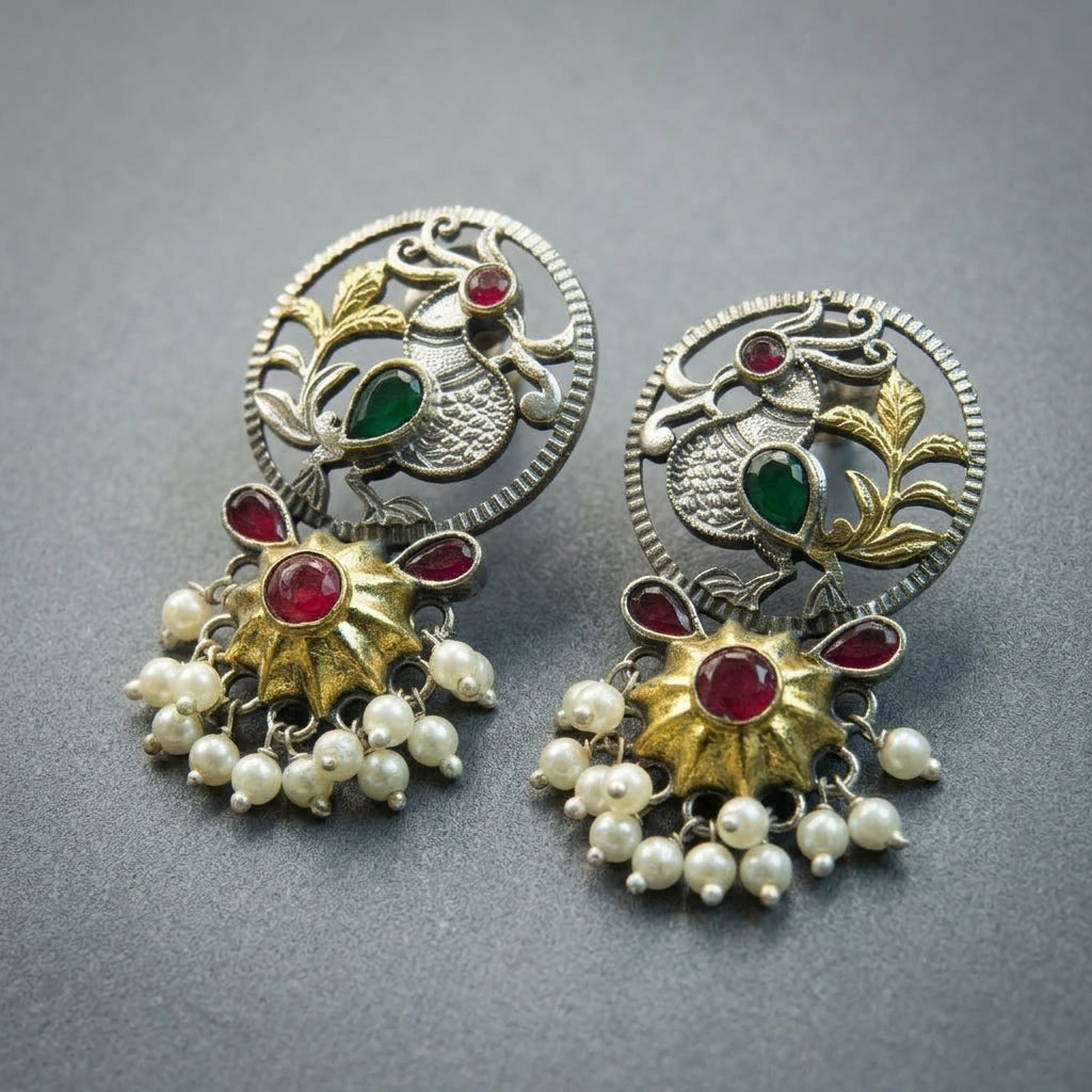 SARA - Dual Tone Premium Peacock Earrings