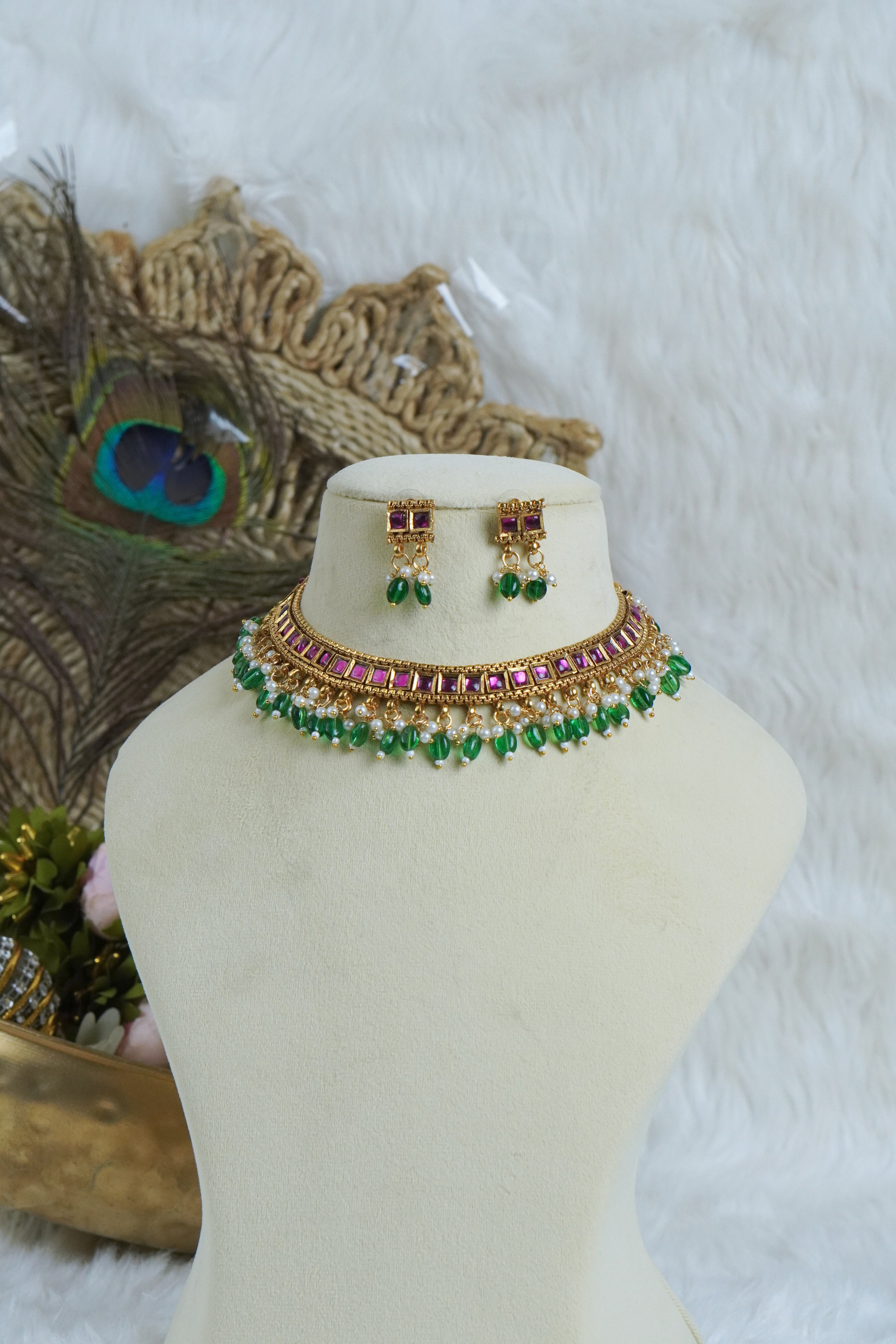 Premium - Kundan Pink and Green Neck set
