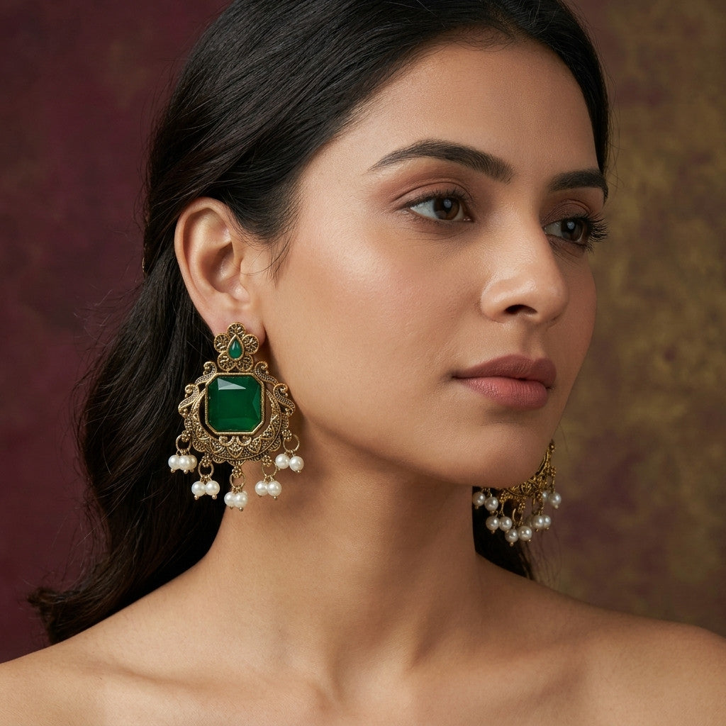 Premium - Statement Monalisa stone Jhumkas - Medium Secondary image