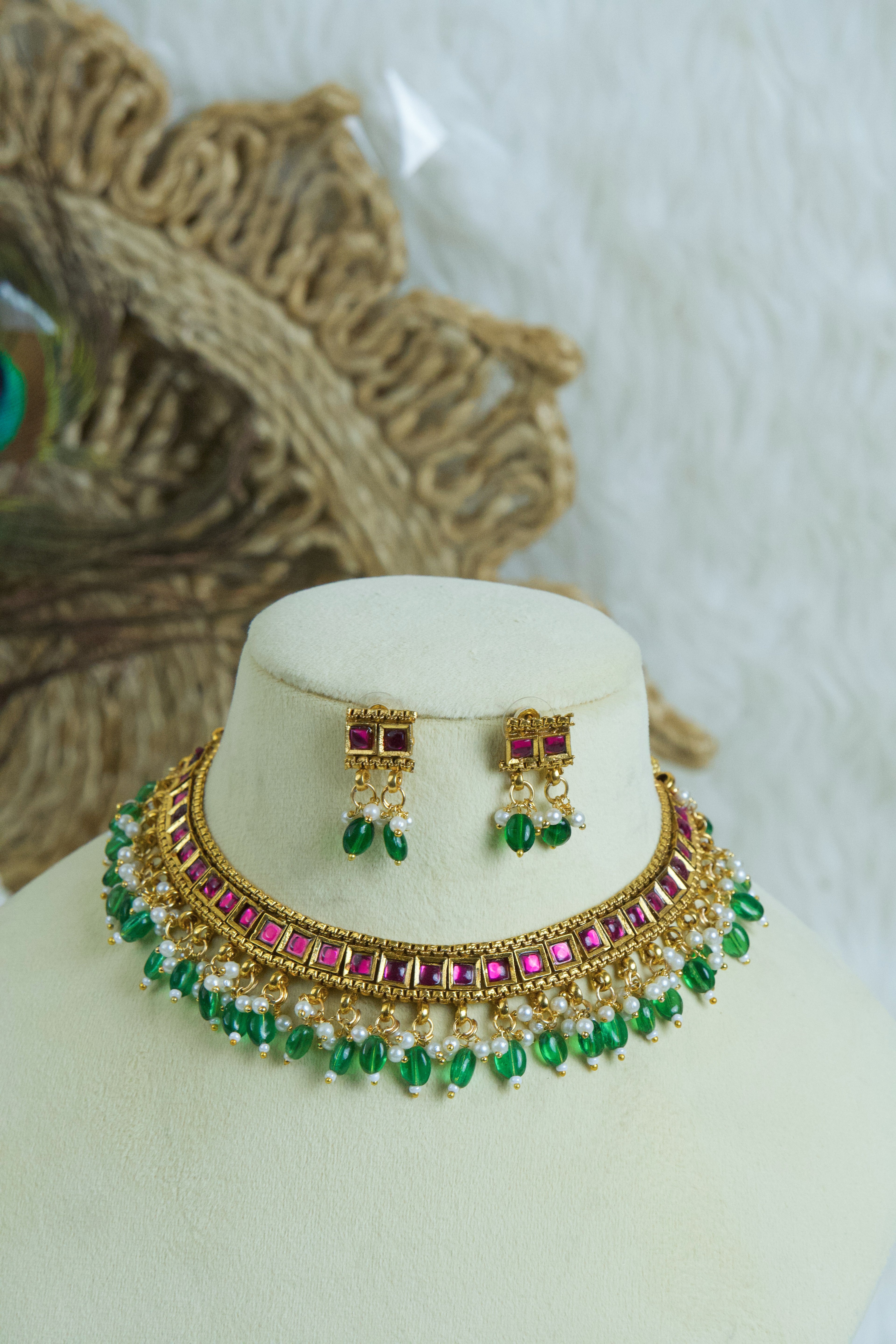 Premium - Kundan Pink and Green Neck set
