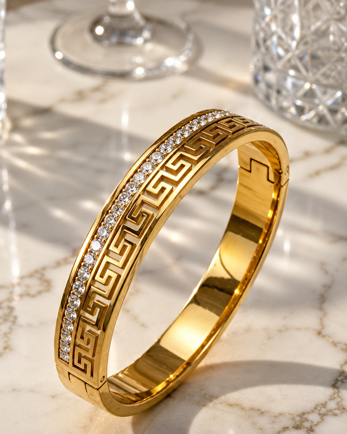 MEGA Gold Plated Greek Pattern Crystal Studded Cuff Bracelet for Women | Premium Openable Kada Bangle Main image