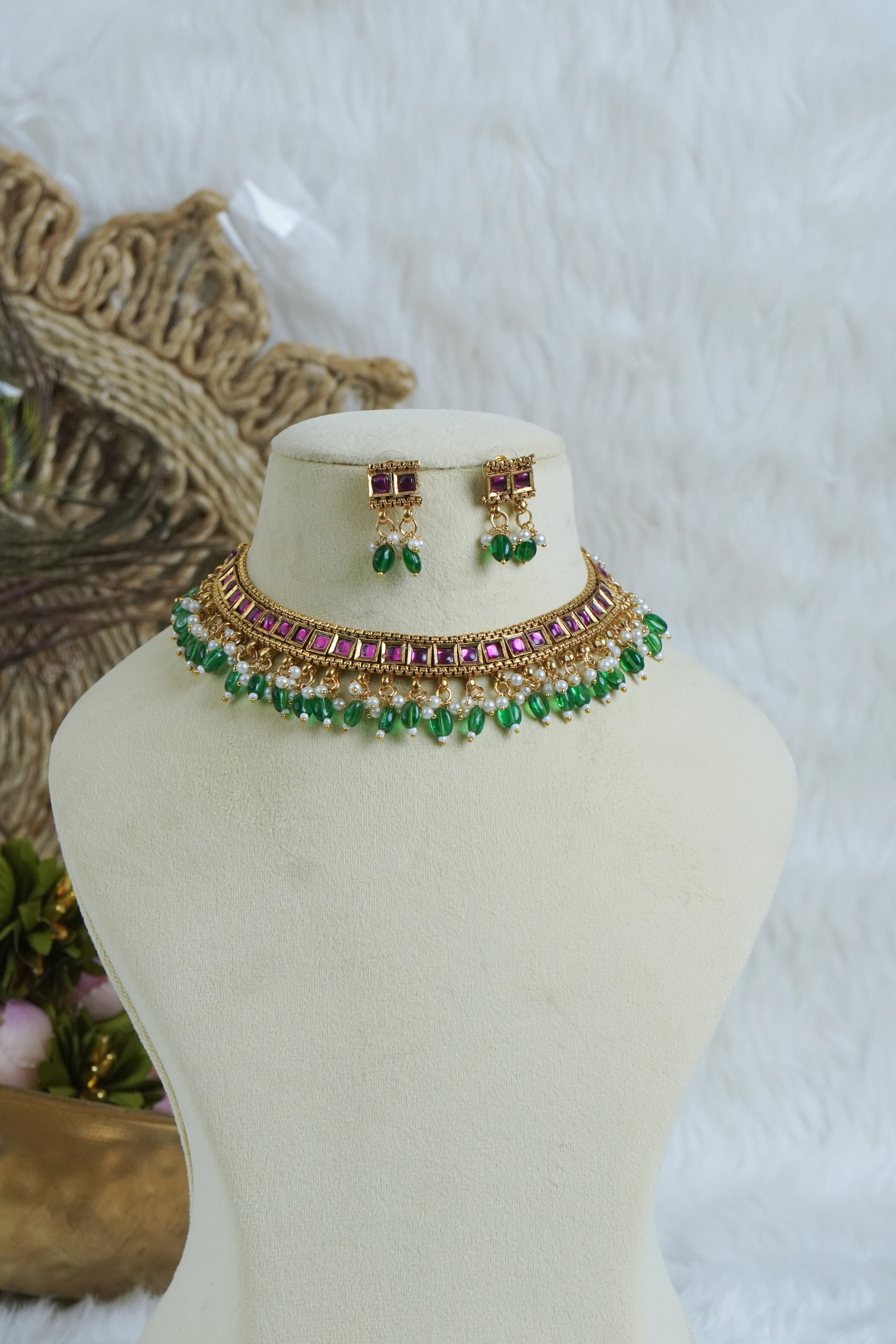 Premium - Kundan Pink and Green Neck set