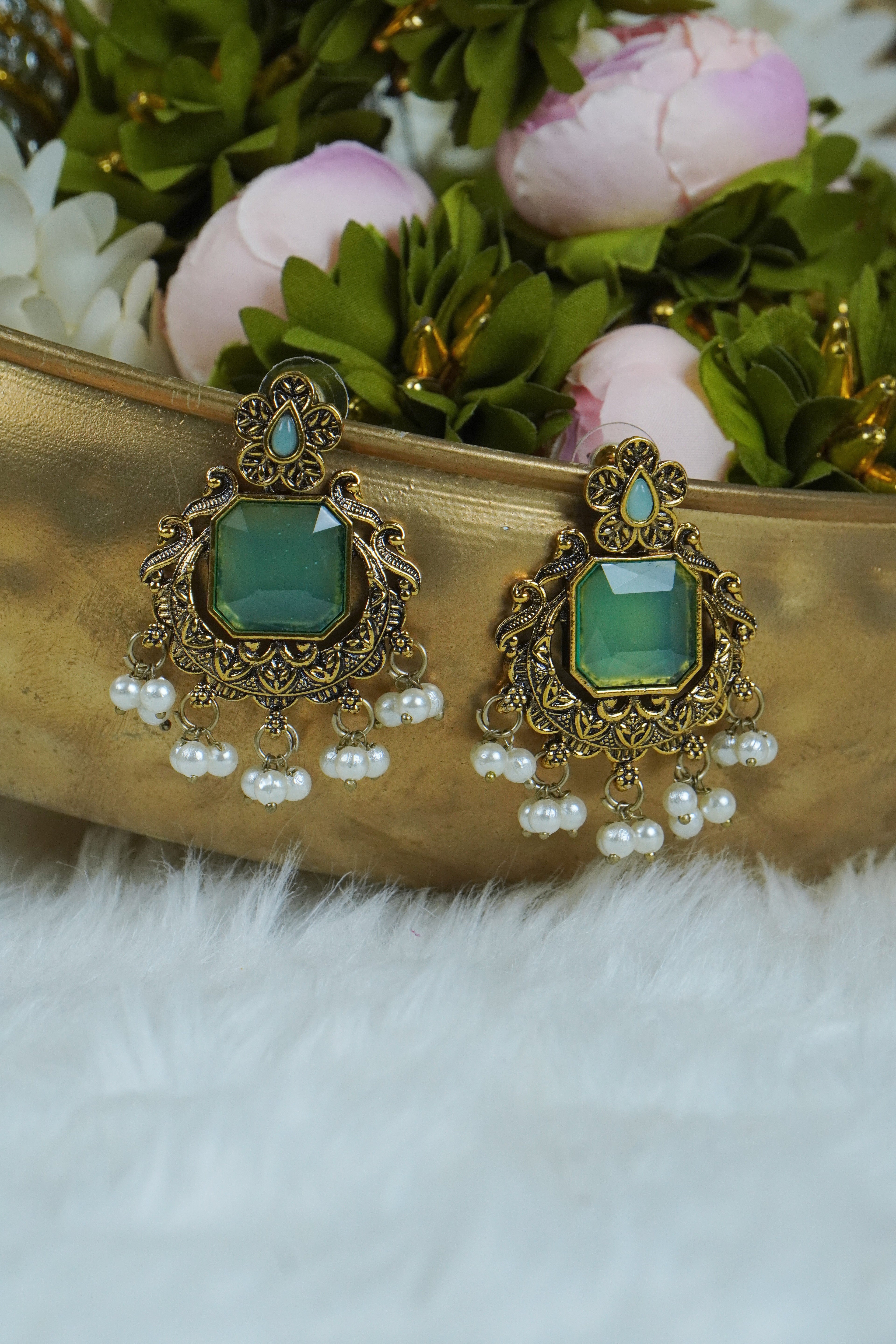 Premium - Statement Monalisa stone Jhumkas - Medium