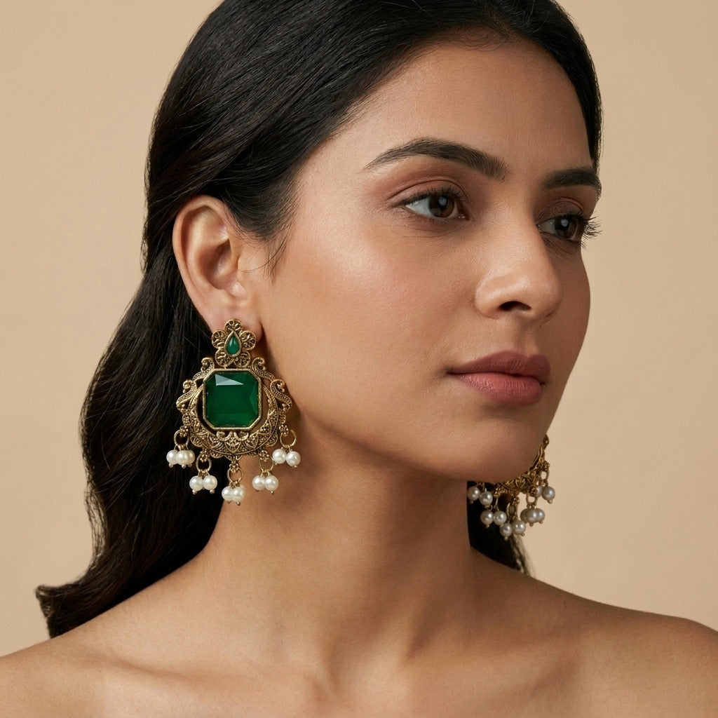 Premium - Statement Monalisa stone Jhumkas - Medium