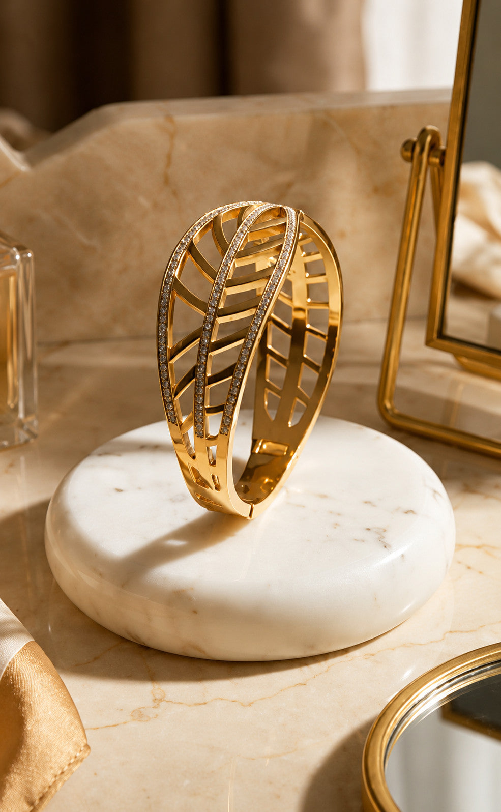 MEHA Gold Plated Leaf Pattern Crystal Studded Cuff Bracelet for Women | Premium Openable Kada Bangle