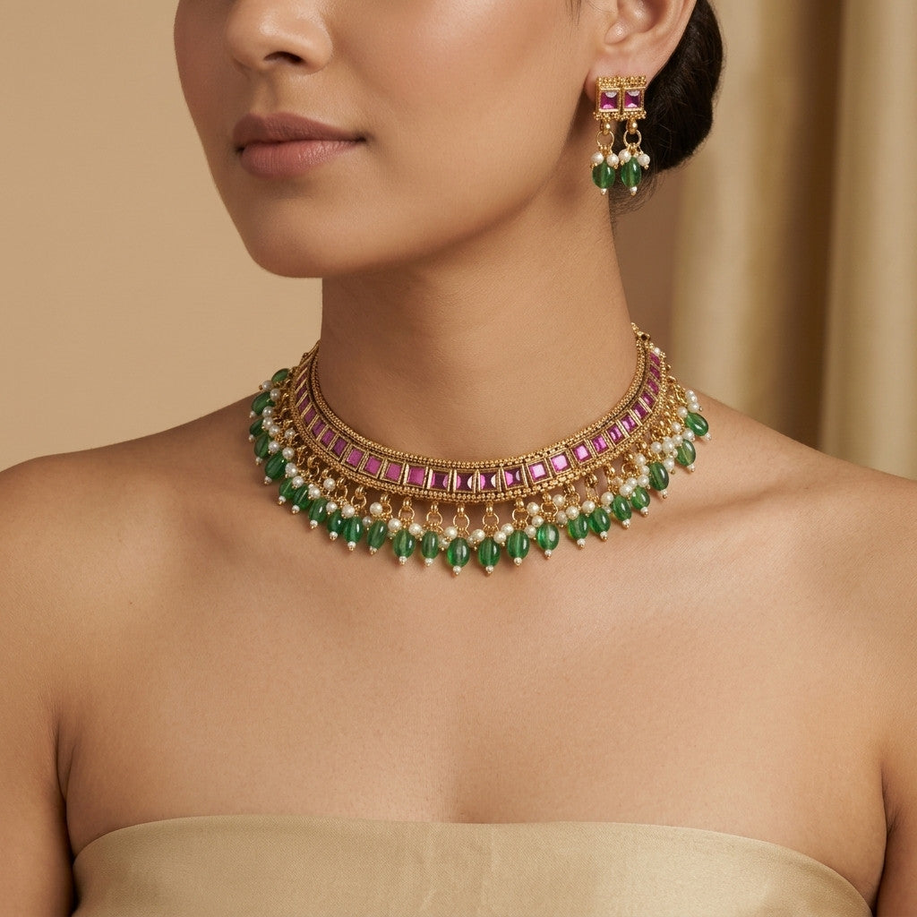 Premium - Kundan Pink and Green Neck set