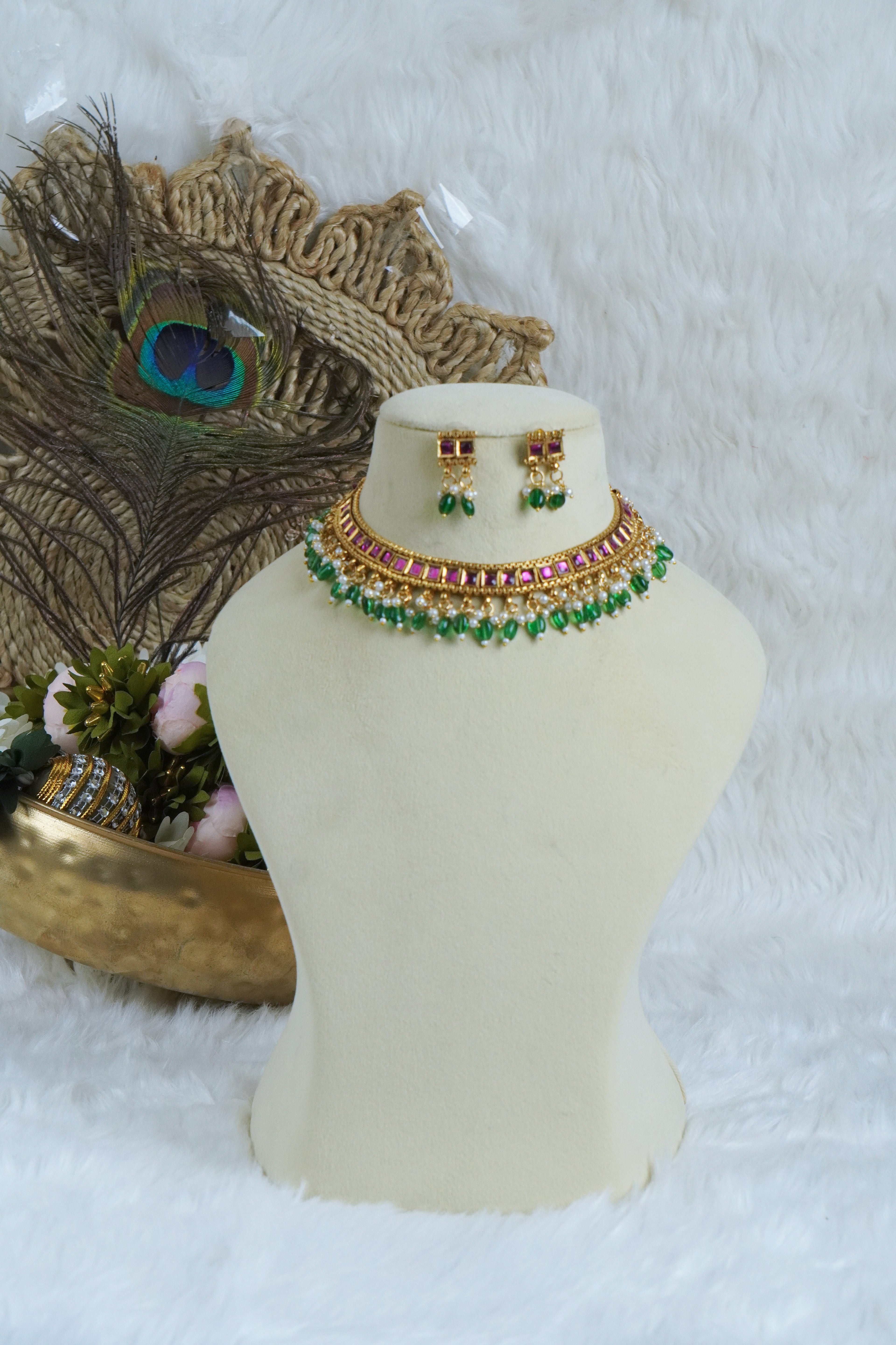 Premium - Kundan Pink and Green Neck set