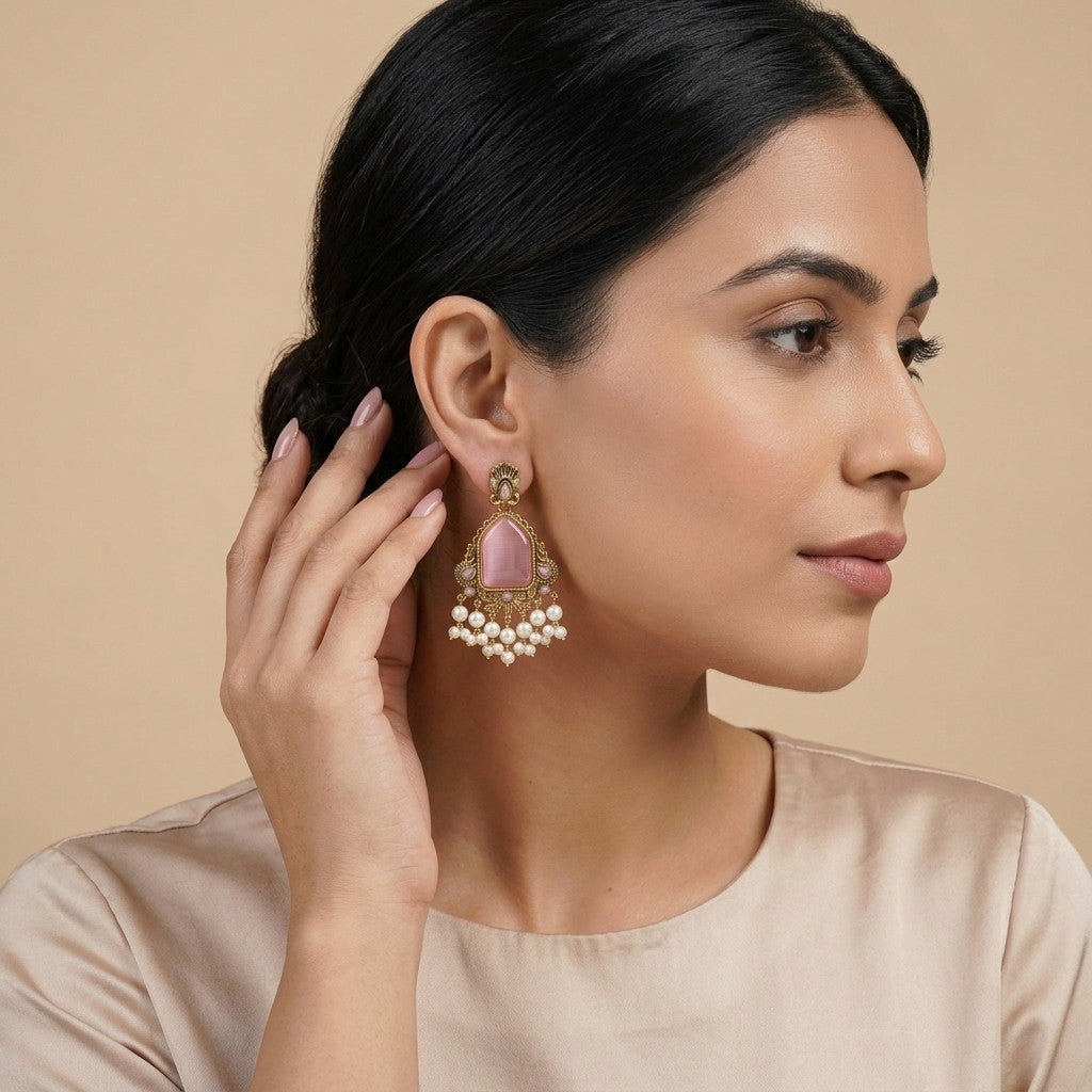 Premium - Statement Monalisa stone Studs with pearls - Broad Main image