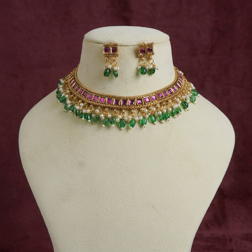 Premium - Kundan Pink and Green Neck set Secondary image
