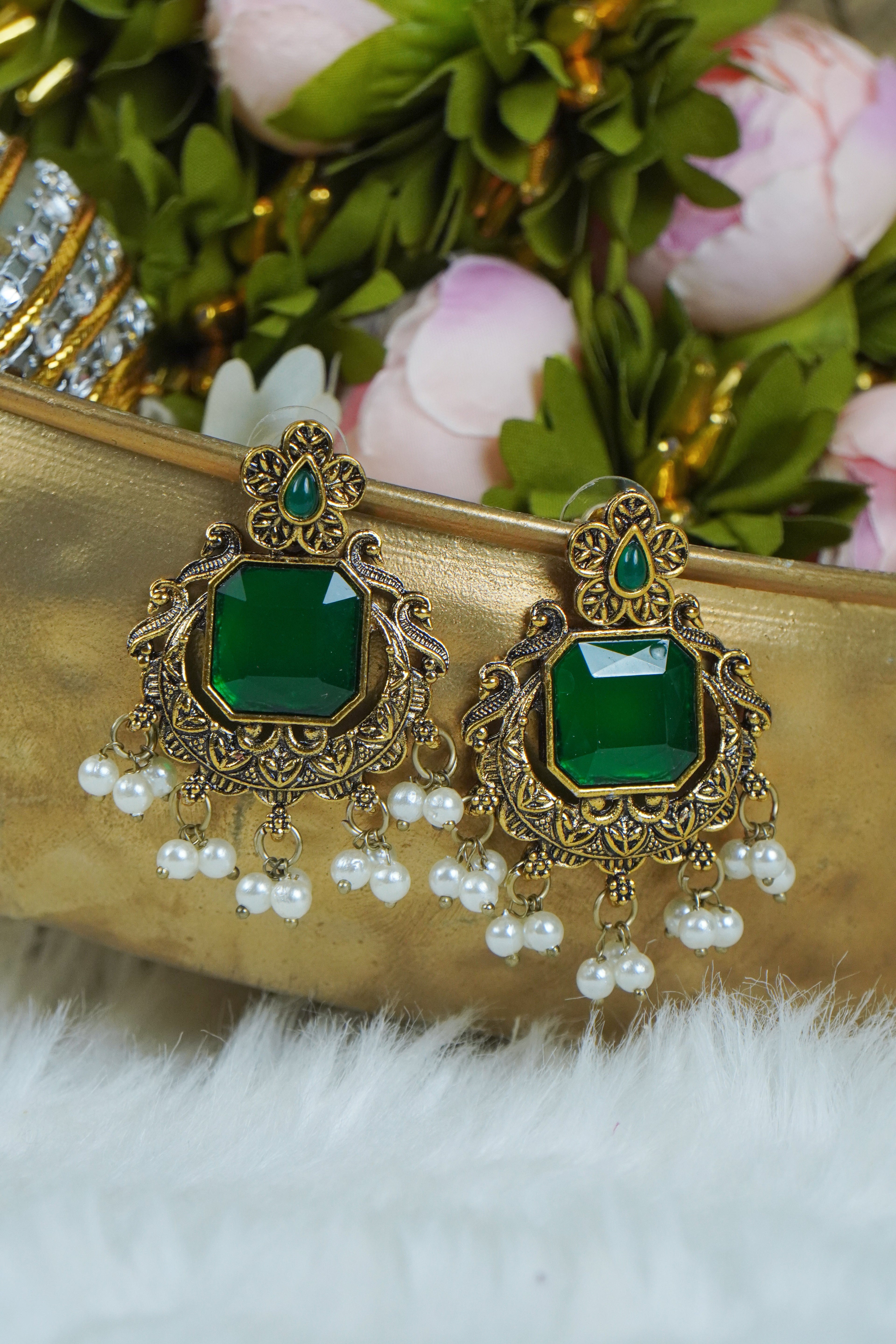 Premium - Statement Monalisa stone Jhumkas - Medium