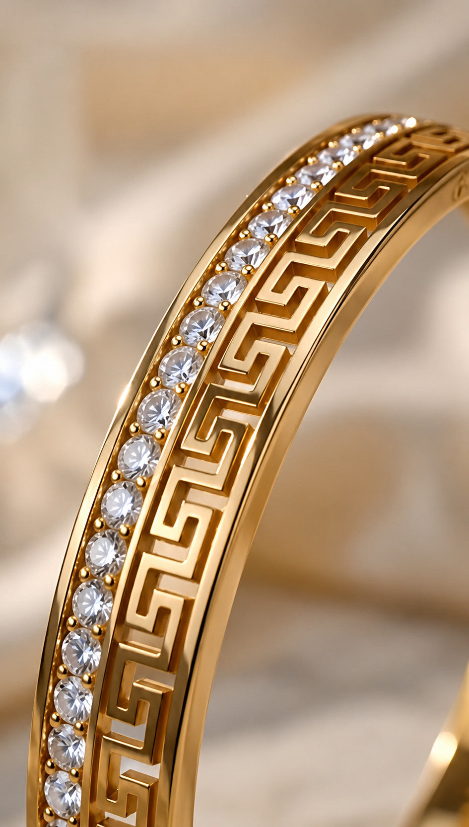 MEGA Gold Plated Greek Pattern Crystal Studded Cuff Bracelet for Women | Premium Openable Kada Bangle Secondary image