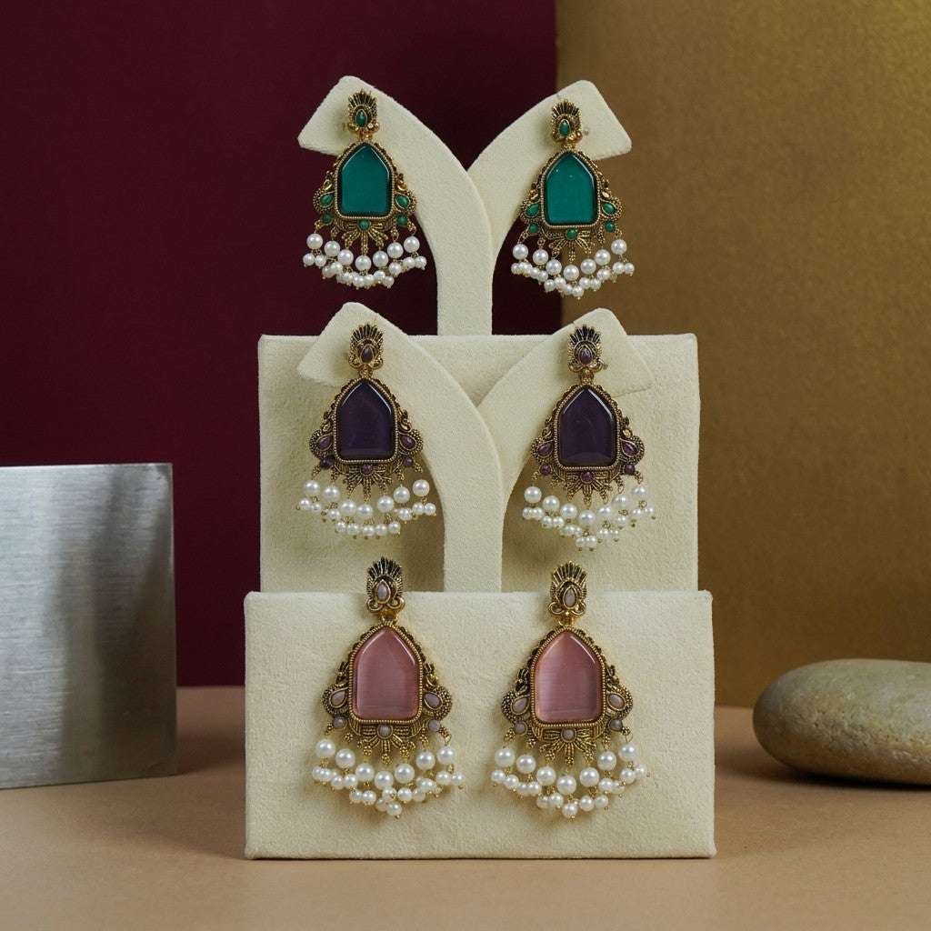 Premium - Statement Monalisa stone Studs with pearls - Broad Secondary image